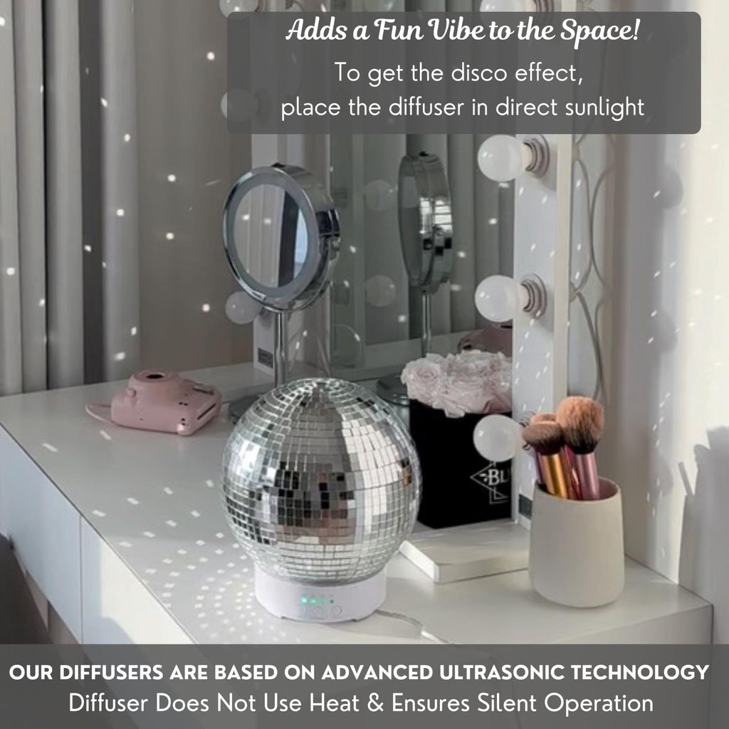 SCANDINORDICA Disco Ball Diffuser Rotating - 300ML Essential Oil Diffuser with Whisper Quiet Operation, 7 Color Night Light & 4