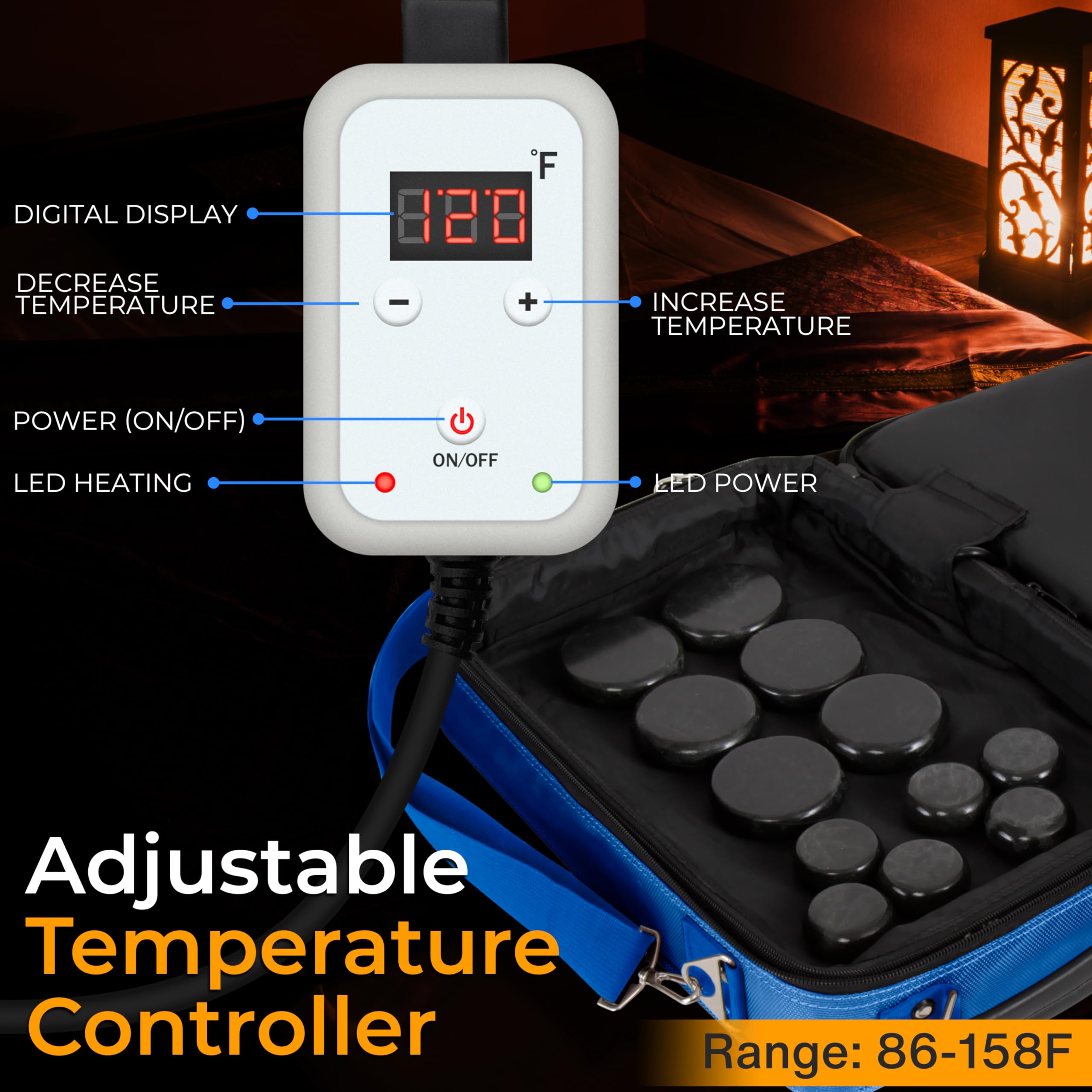 Portable Massage Stone Warmer Set - Electric Spa Hot Stones Massager and Heater Kit with 6 Large and 6 Small Round Shaped Basalt