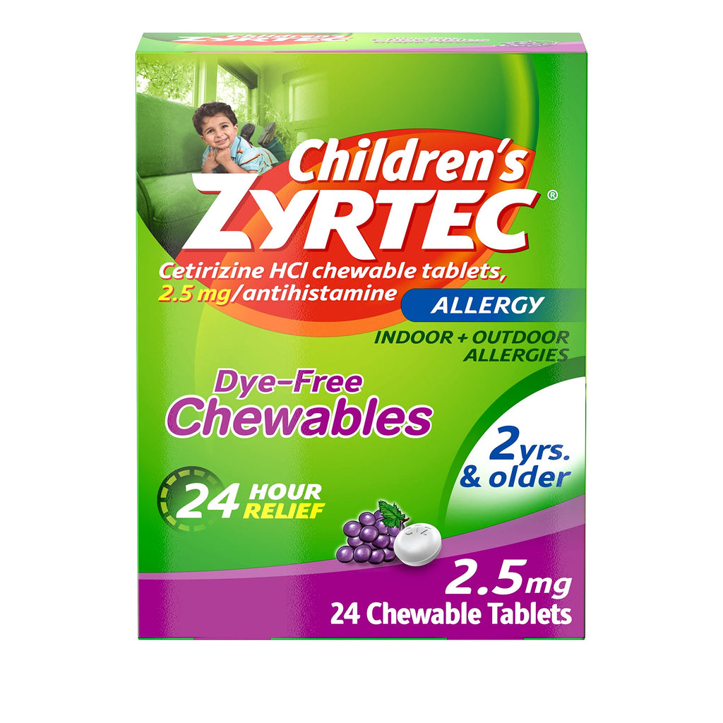 Zyrtec Childrens Dye-Free Chewables for 24 Hour Allergy Relief, 2.5 mg Cetirizine HCl Antihistamine Tablets, Kids Allergy Medic