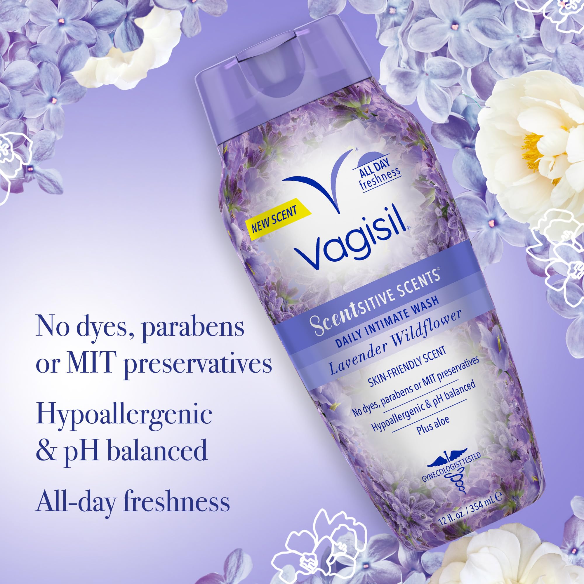 Vagisil Feminine Wash for Intimate Area Hygiene, Scentsitive Scents, pH Balanced and Gynecologist Tested, Spring Lilac, 12 oz (P