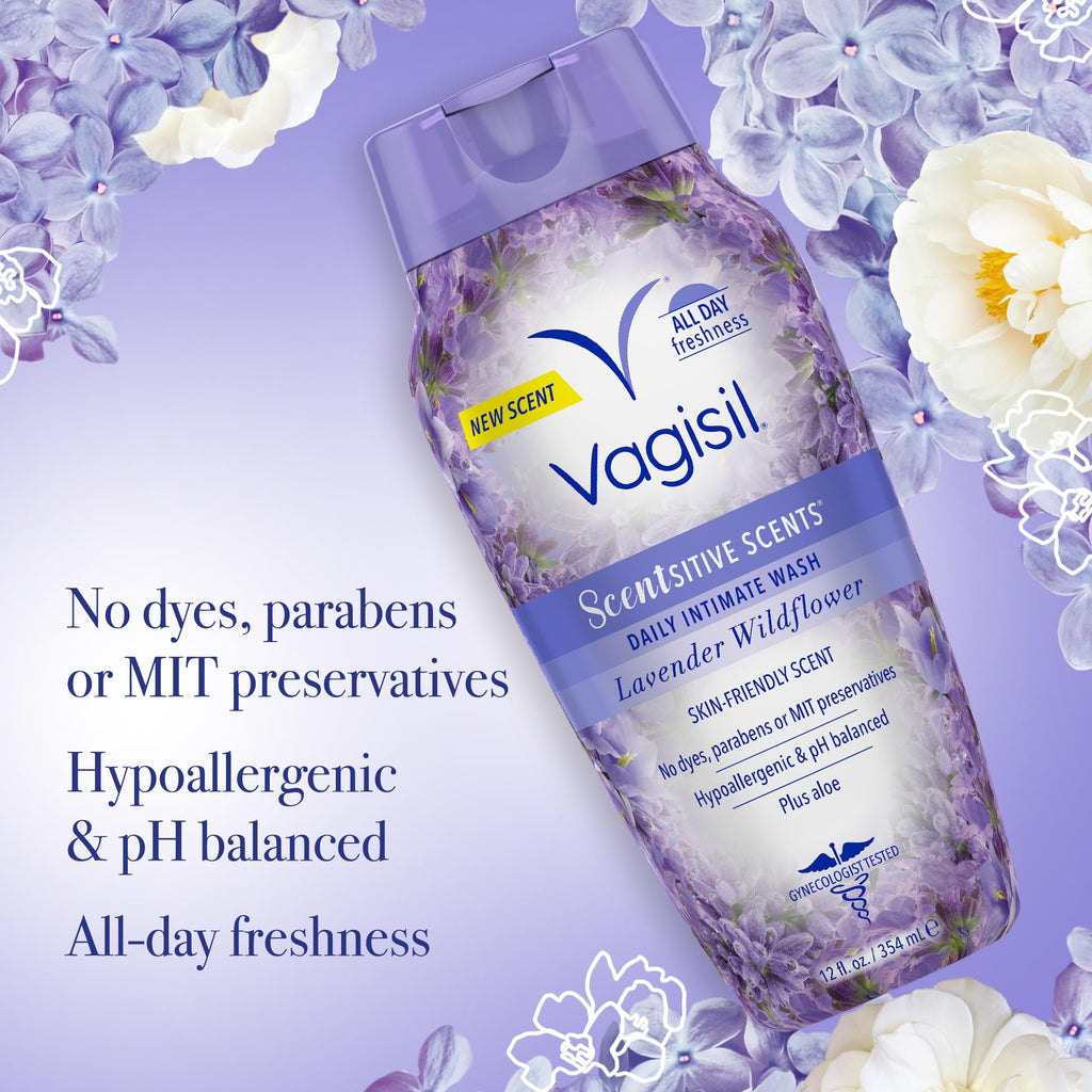 Vagisil Feminine Wash for Intimate Area Hygiene, Scentsitive Scents, pH Balanced and Gynecologist Tested, Spring Lilac, 12 oz (P