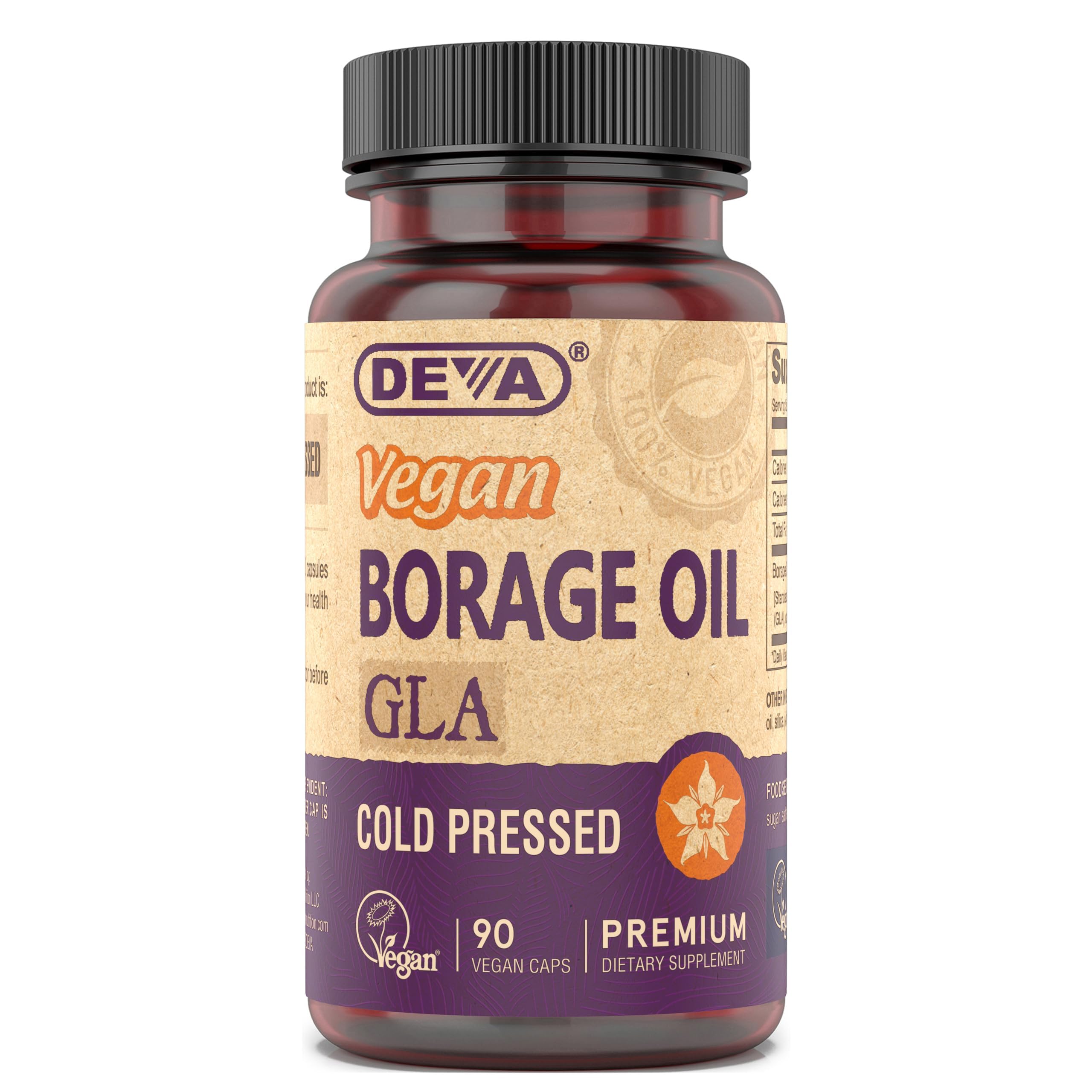 DEVA Vegan Vitamins, Borage Oil 500mg, Source of Omega-6 Fatty Acid GLA (Gamma linolenic Acid), Cold-Pressed & Unrefined, 90 Tab