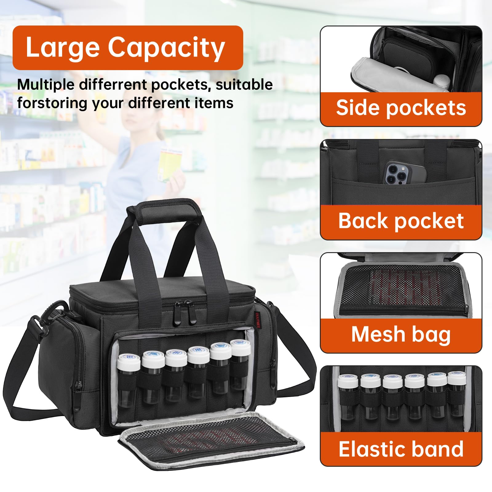 OUUTMEE Medicine Storage Bag, Pill Bottle Organizer with Portable Small Pouch, Medication Bottle Organizer Empty with Shoulder S