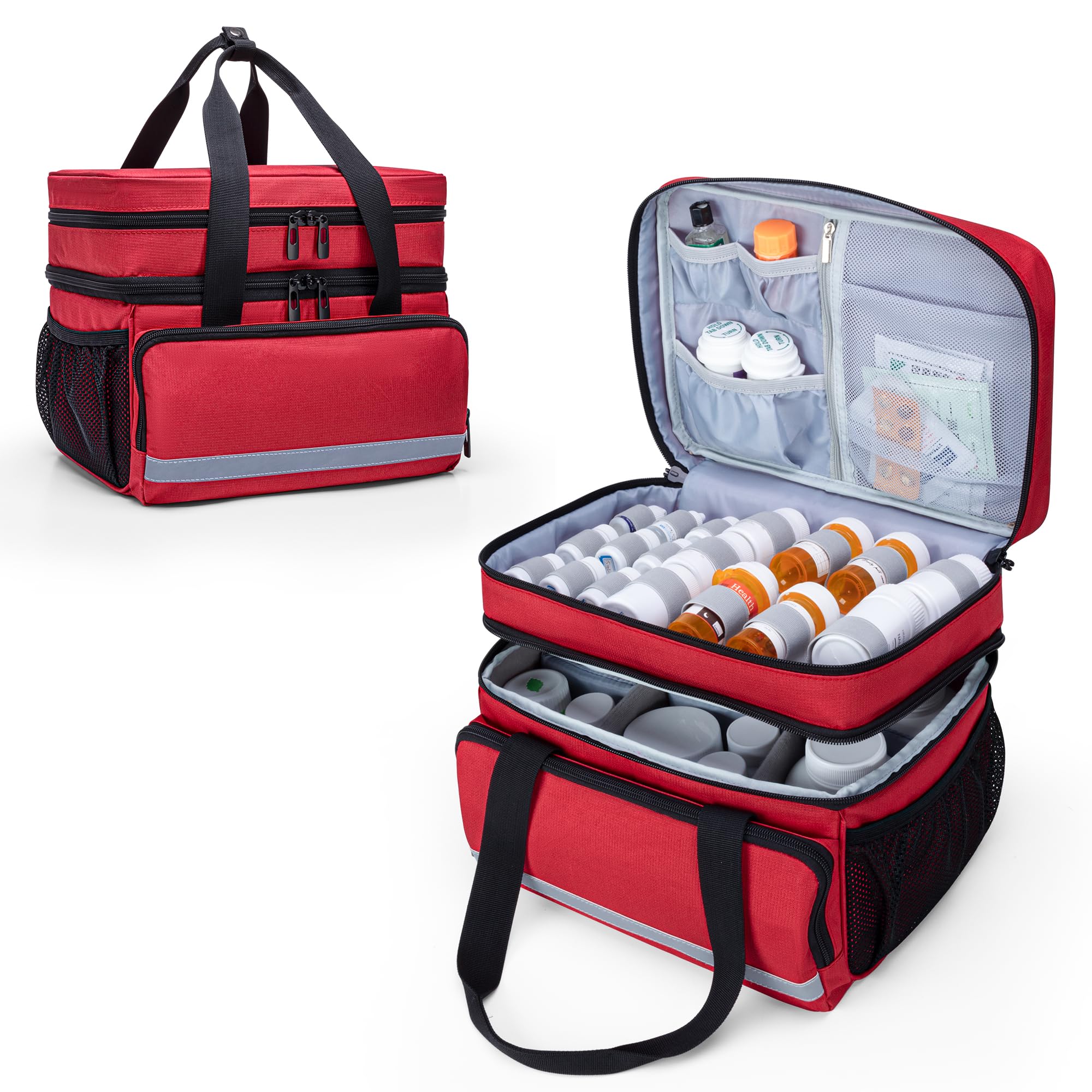 CURMIO Double Layers Pill Bottle Organizer Bag Empty, Medicine Organizer Storage Case with Lockable Zippers, Medication Travel B