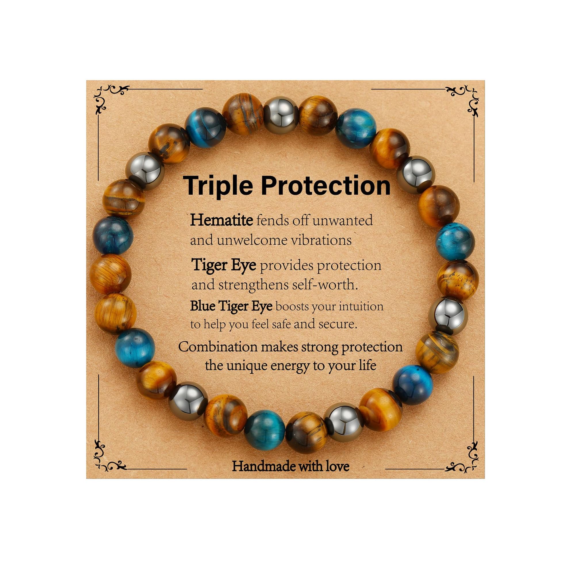 Gnamy Triple Protection Beaded Bracelet Gifts for Men, Bule Tiger Eye Hematite Bracelets Christmas Birthday Valentines Anniversa