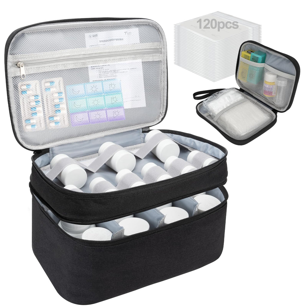Medicine Organizer Bag, Dual Layers Pill Bottle Organizer Storage Bag with Adjustable Divide, Medication Travel Bag for Pills, V
