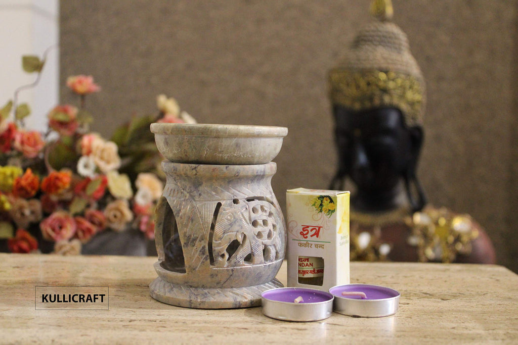 KC Kullicraft Handcrafted Soapstone Aroma Oil Diffuser Burner Stands with 2 Tea Light Candle and 2.5 ml Mogra Oil (Beige)