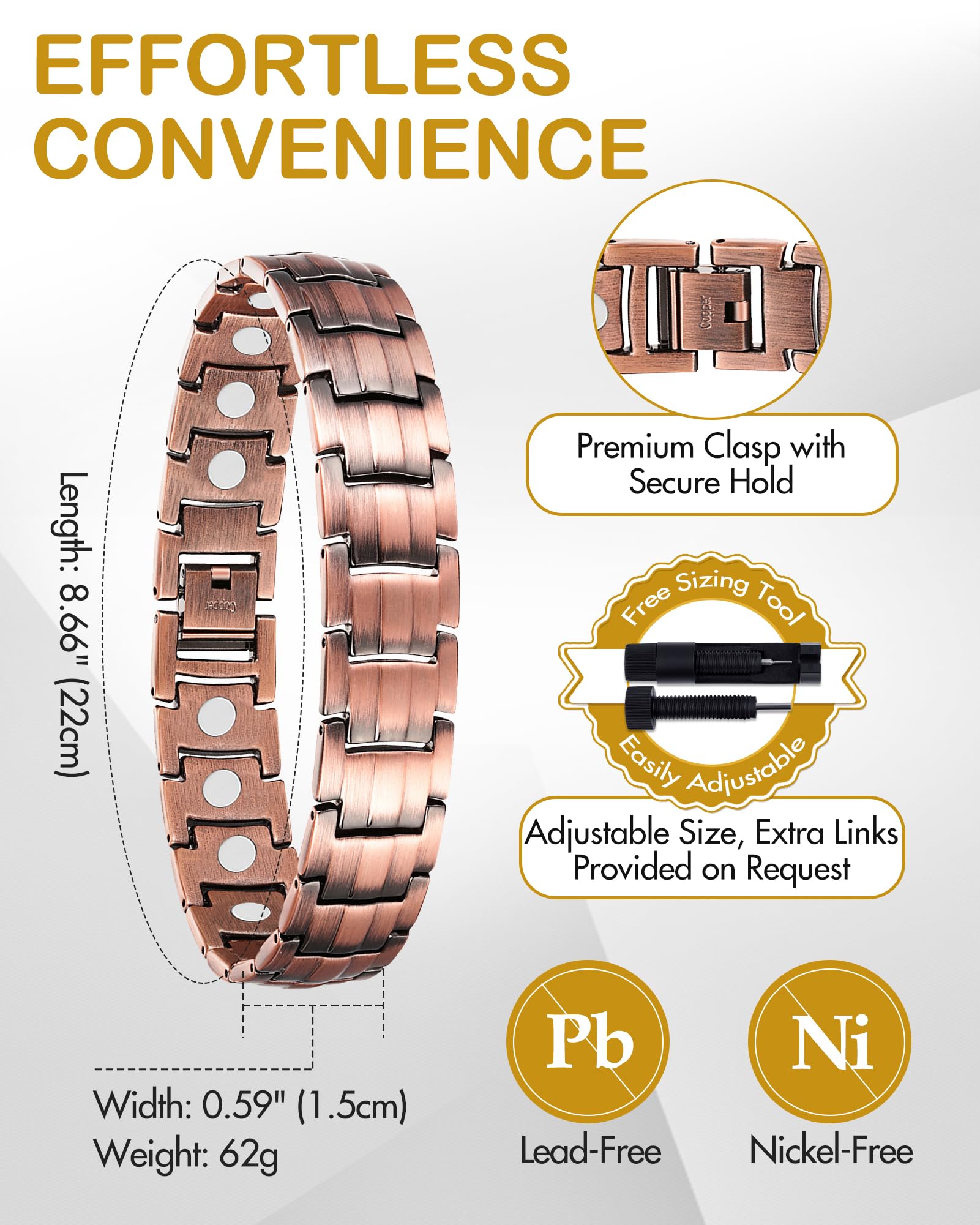 Feraco Copper Bracelet for Men-Magnetic Bracelets 99.99% Pure Copper Jewelry Gift with Adjustable Sizing Tool, Magnetic Field Th