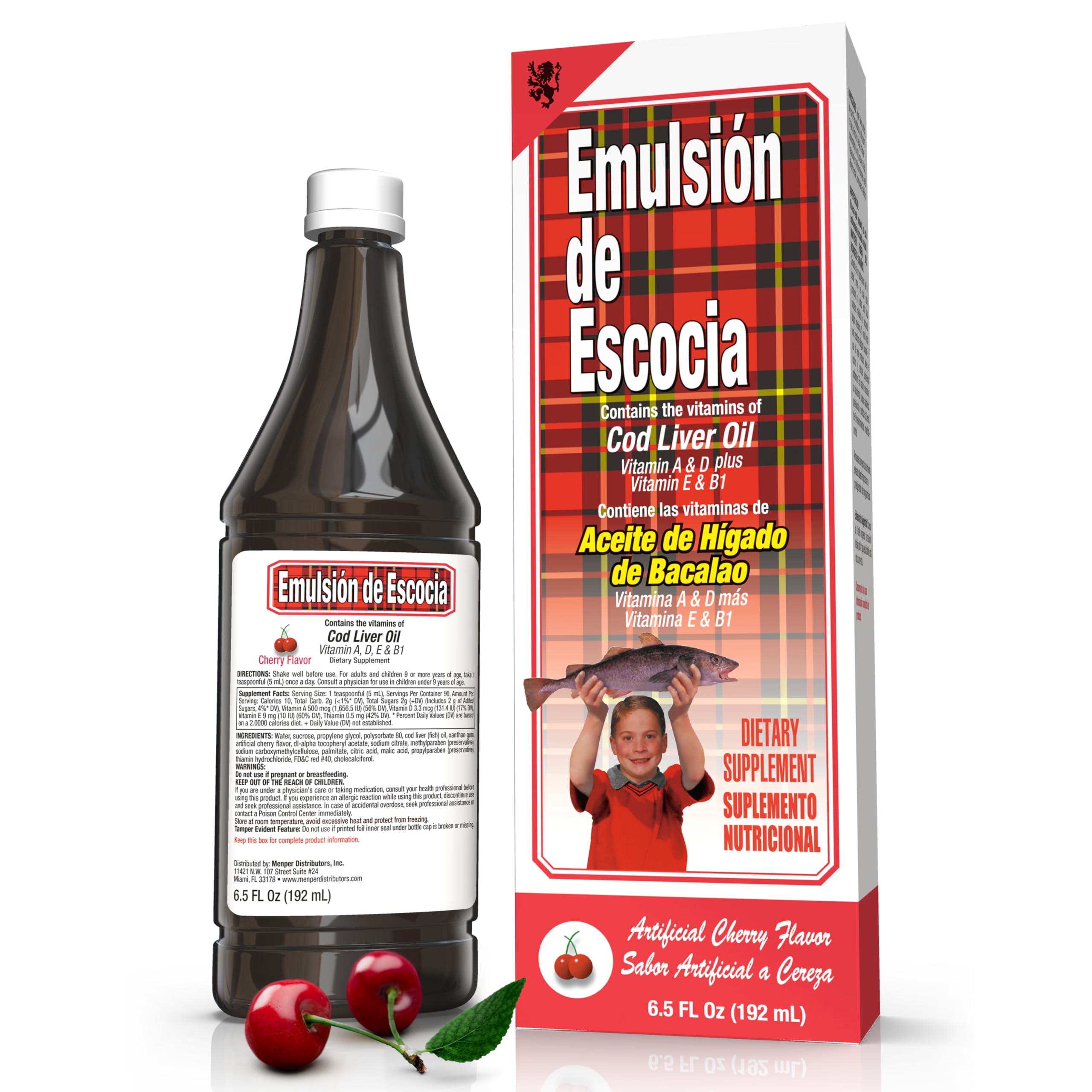 Emulsion de Escocia Cod Liver Oil, Cherry Flavor, 6.5 fl oz (1 Pack) - Fish Oil with Vitamins A, D, E, B1, Omega-3 for Immune an
