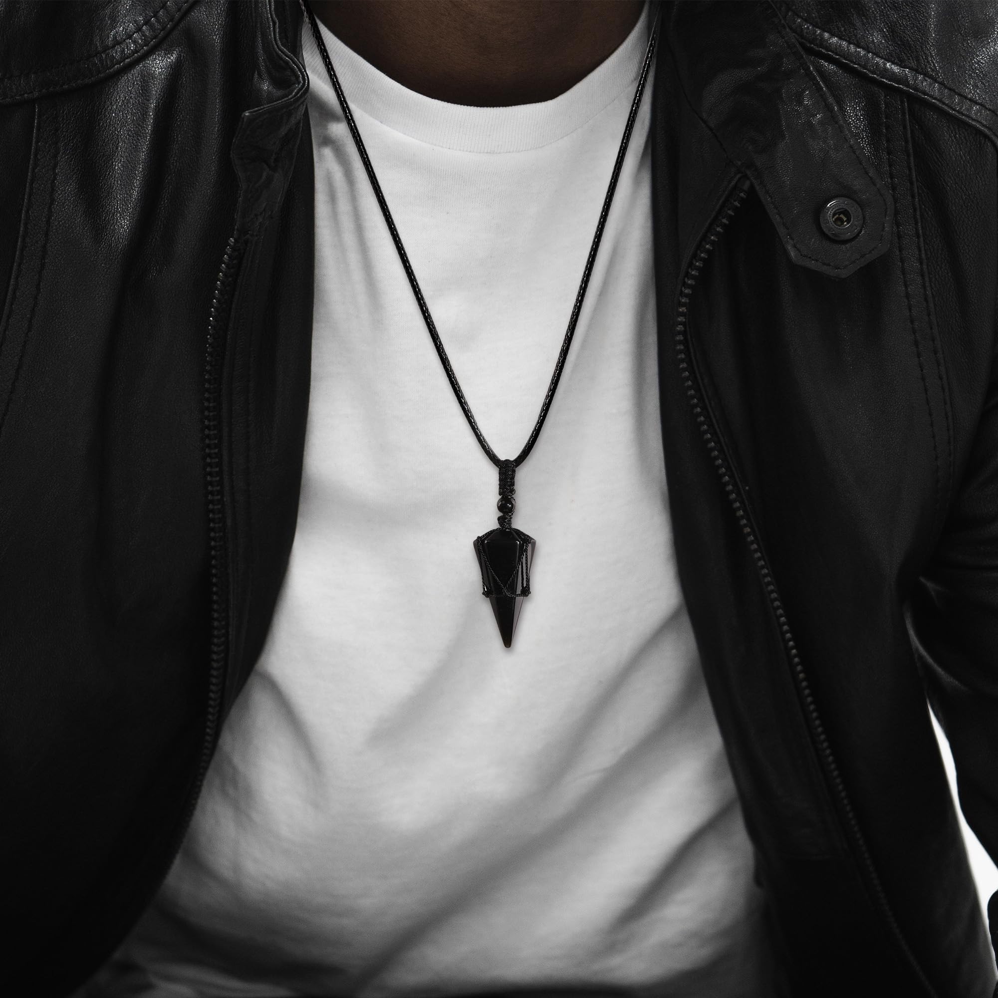 Top Plaza 2pcs Black Obsidian Clear Quartz Healing Crystal Stone Necklace for Women Men 6 Facet Pointed Pendant Necklaces Adjust