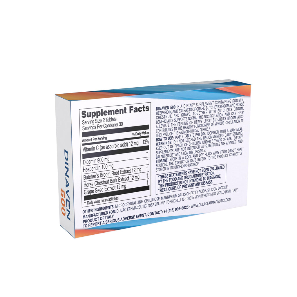 Dulc - Dinaven 500, Diosmin Hesperidin 500mg Dietary Supplement 60 Tablets, Enriched with Butchers Broom, Horse Chestnut Extrac