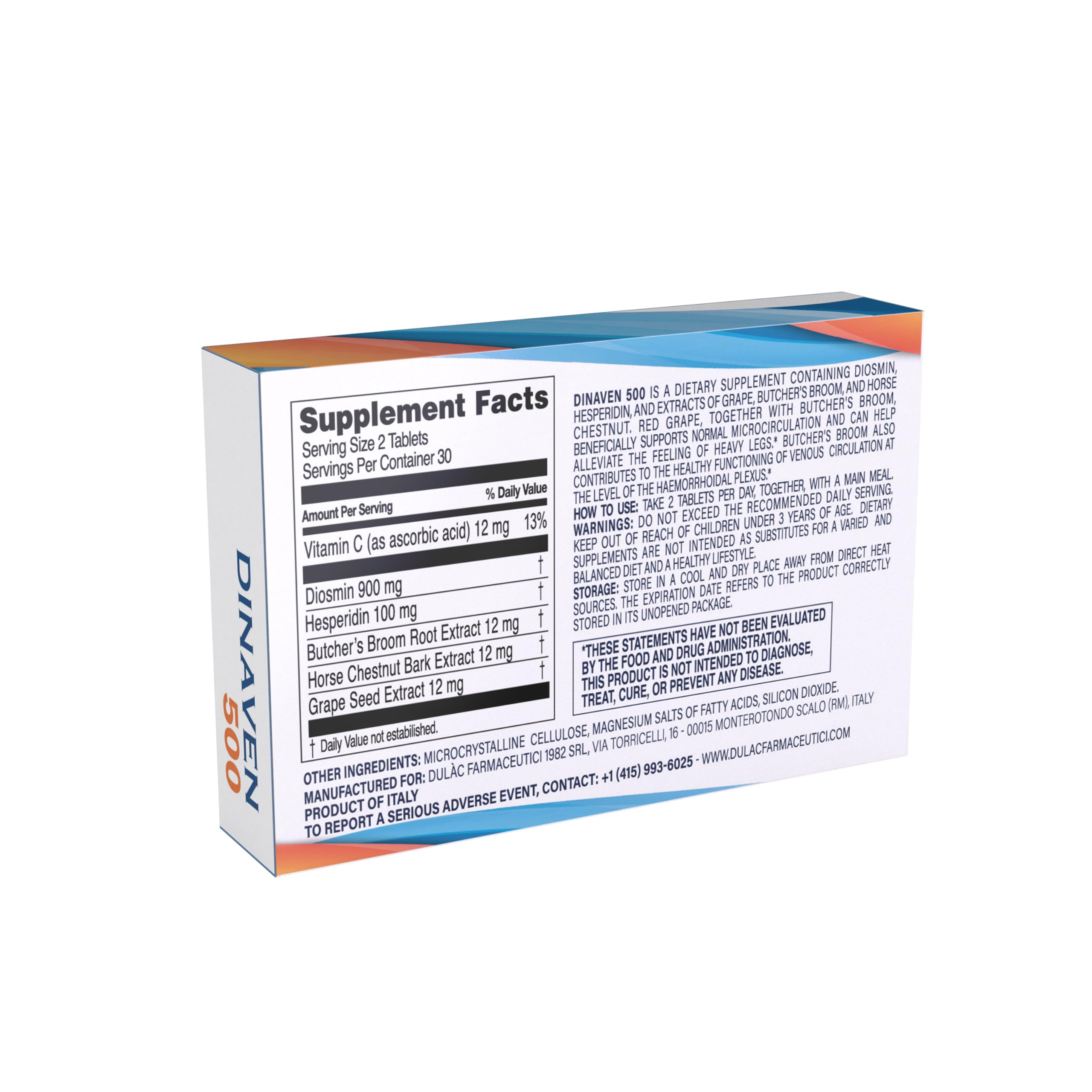Dulc - Dinaven 500, Diosmin Hesperidin 500mg Dietary Supplement 60 Tablets, Enriched with Butchers Broom, Horse Chestnut Extrac