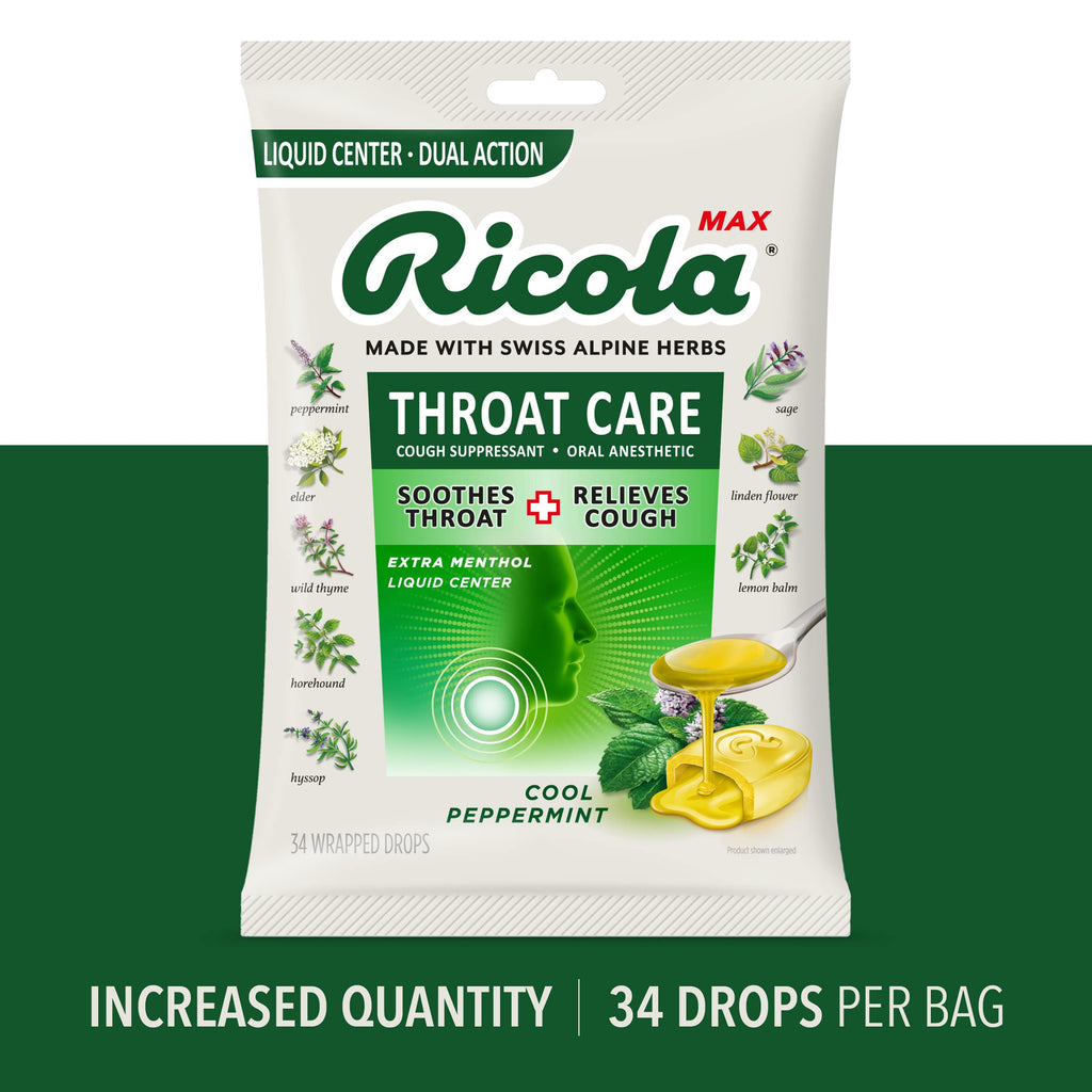 Ricola Max Cool Peppermint Throat Care Large Bag | Cough Suppressant Drops | Dual Action Liquid Center | Soothing Long-Lasting R