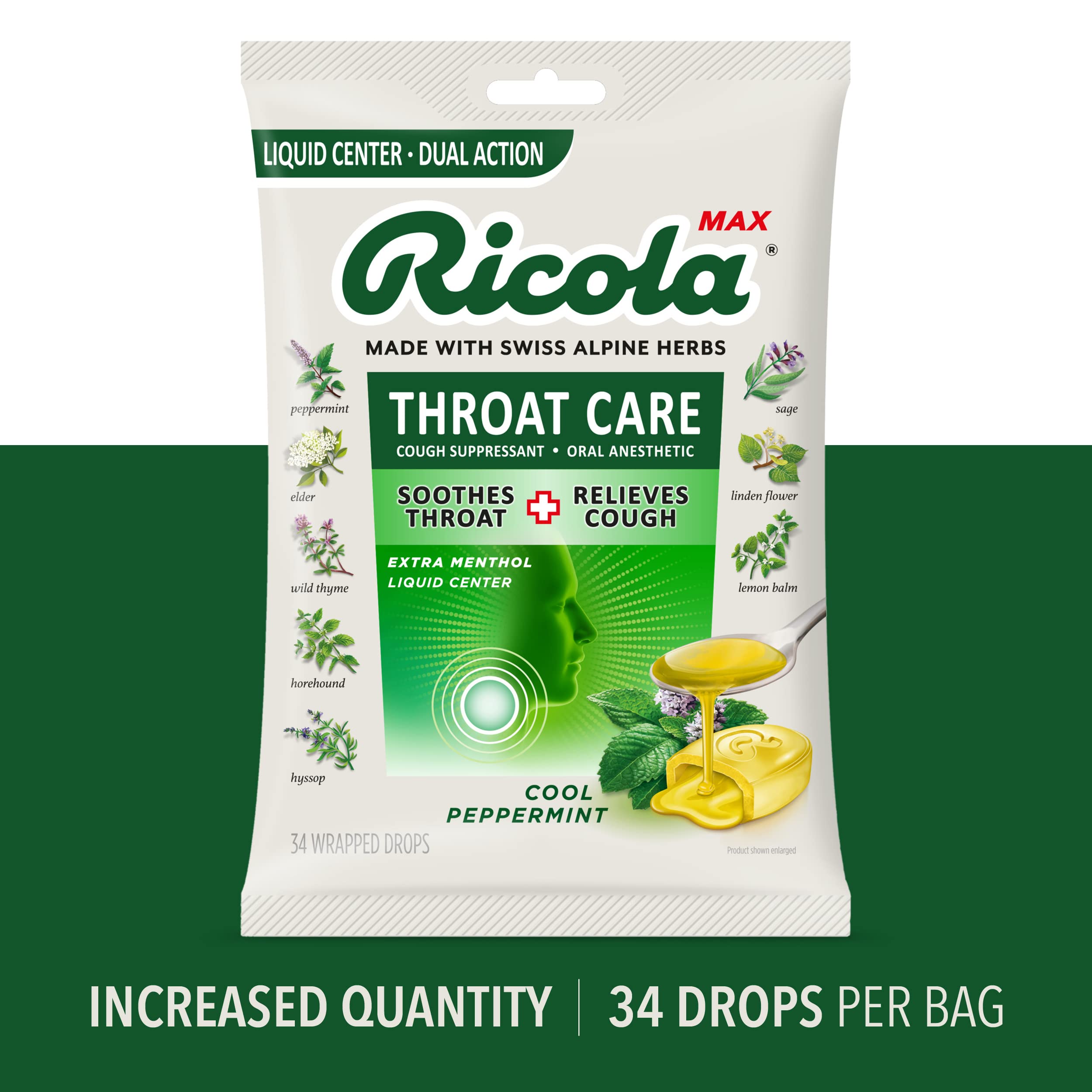 Ricola Max Cool Peppermint Throat Care Large Bag | Cough Suppressant Drops | Dual Action Liquid Center | Soothing Long-Lasting R