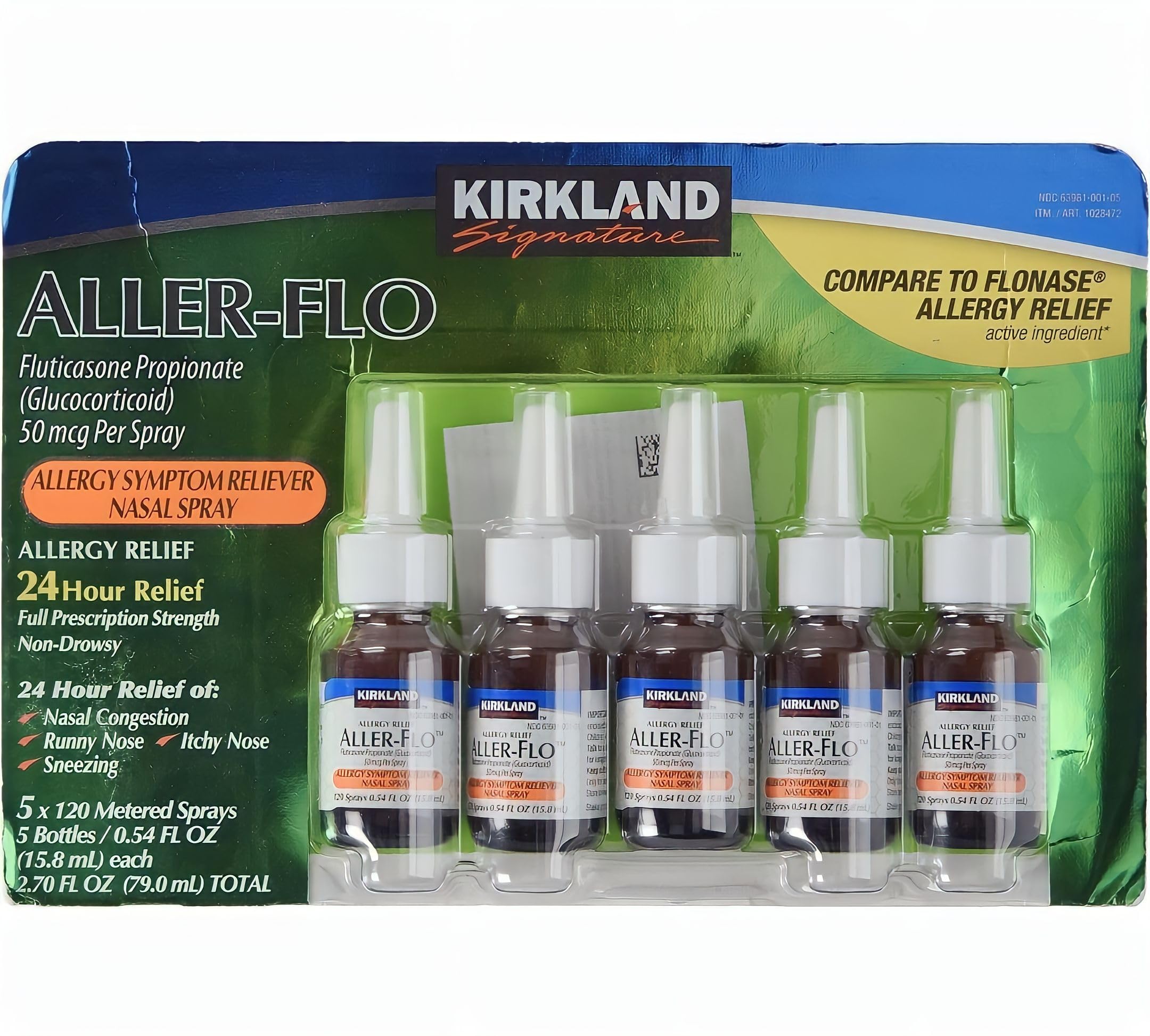 KIRKLAND SIGNATURE Aller-Flo Fluticasone Propionate (Glucorticoid) 5 Bottles x 120 Metered Sprays 0.54 Fl OZ per Bottle (15.8 mL