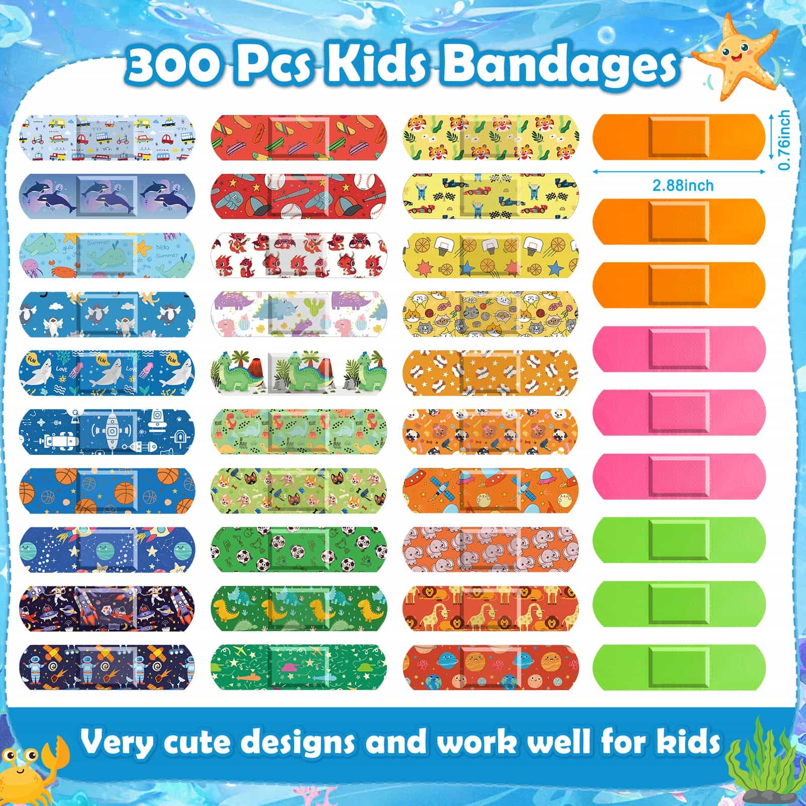 Sublaga 33 Style Kids Cartoon Bandages 300 Pcs Cute Bandages Adhesive Flexible Colorful Bandage Toddler Bandage Waterproof Prote