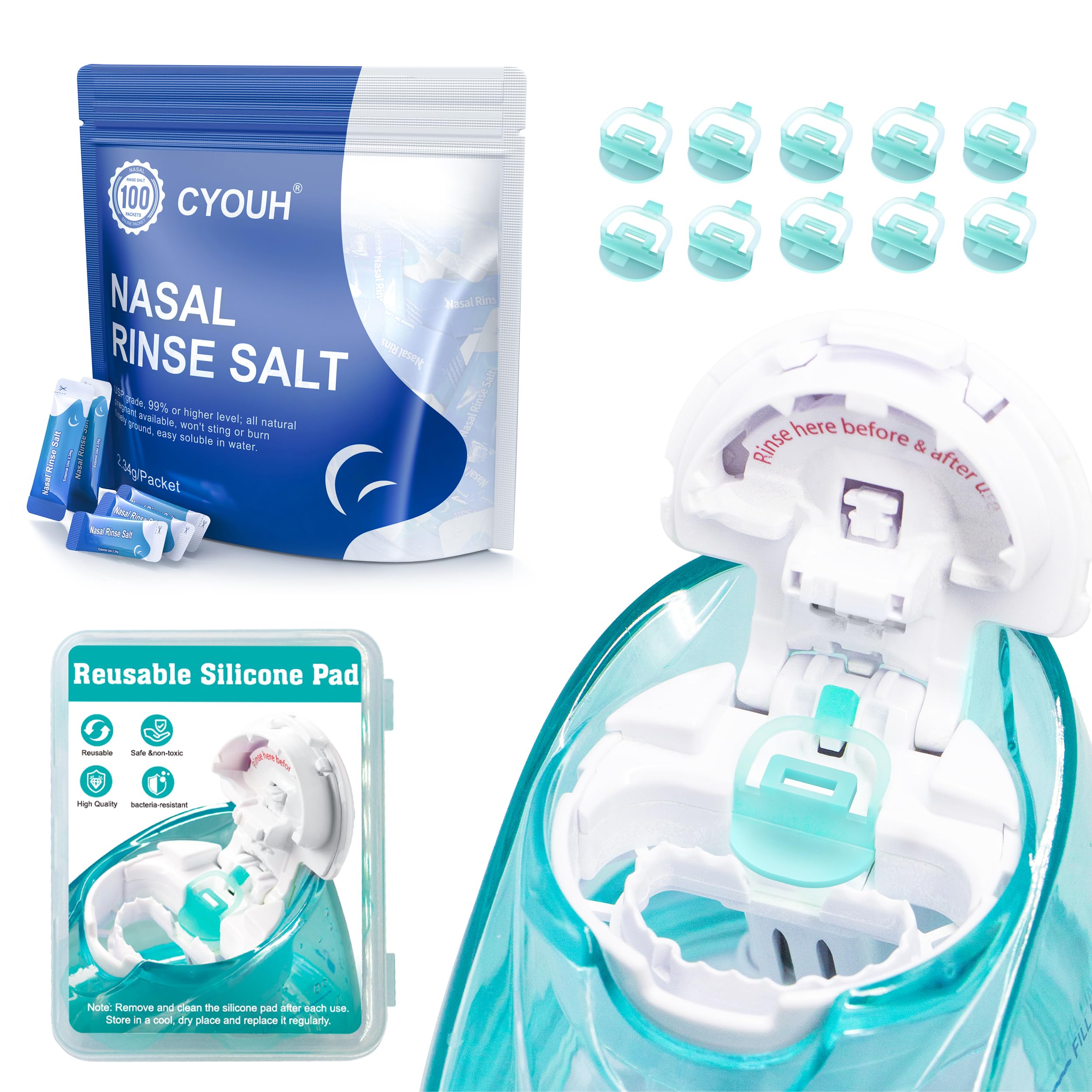 CYOUH 100pcs Salt Saline Packets + 10 PCS Silicone Pads Neti Pot Sinus Nasal Wash Rinse, 2.34g Salt Packets Refills Accessories 