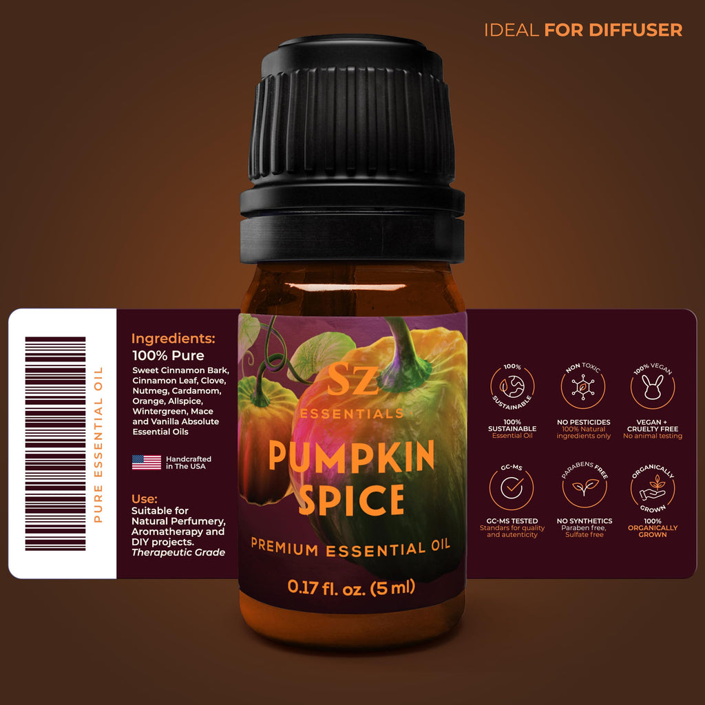 Sz Essentials - Pumpkin Spice Essential Oil for Diffuser and Humidifier - 100% Pure and Natural - Rich Pumpkin Spice Scent, with