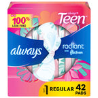 Always Radiant Teen Feminine Pads with FlexFoam, Size 1, Regular, with Wings, Unscented, 42 CT