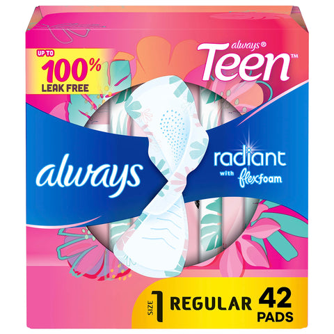 Always Radiant Teen Feminine Pads with FlexFoam, Size 1, Regular, with Wings, Unscented, 42 CT