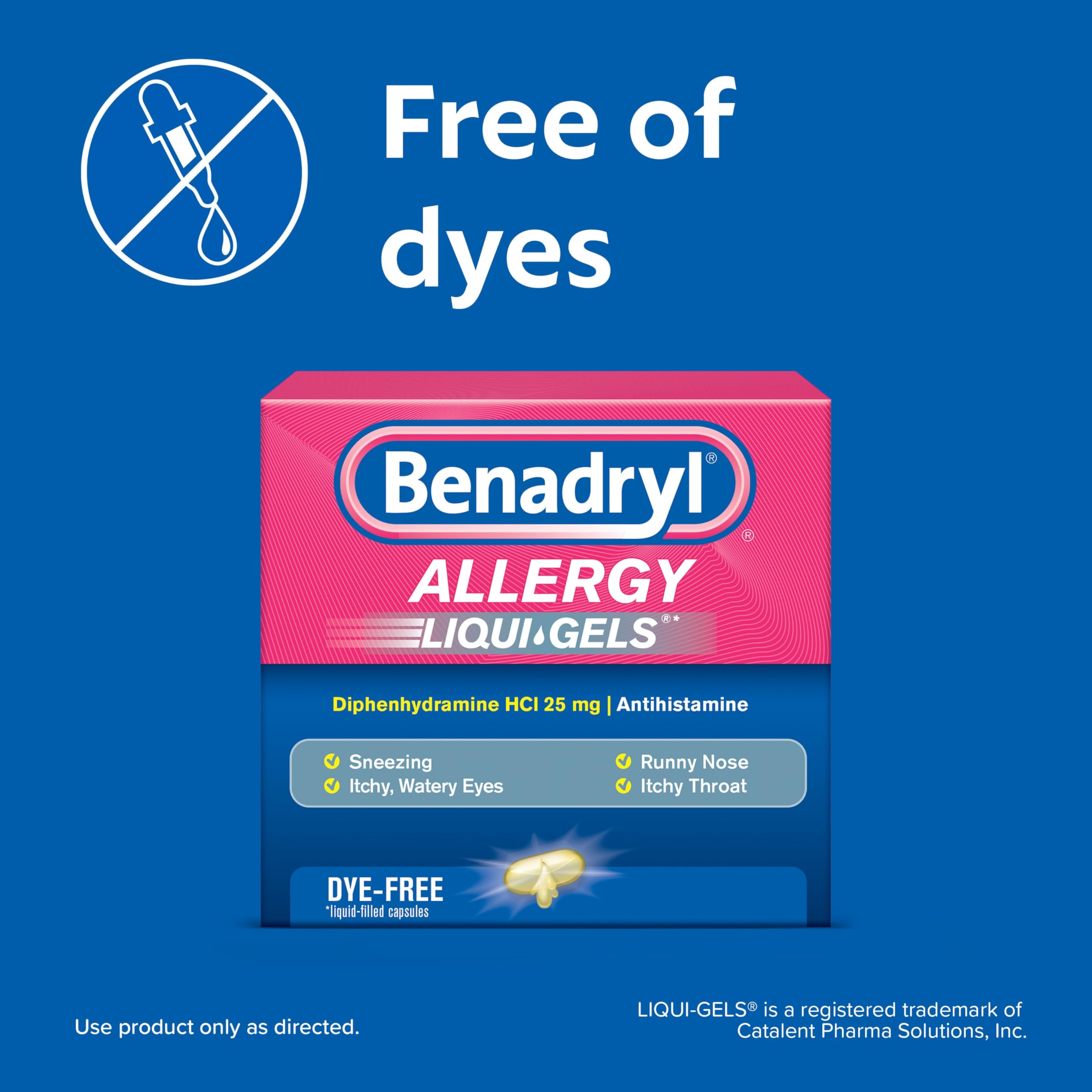 Benadryl Liqui-Gels Antihistamine Allergy Medicine & Cold Symptom Relief, Dye-Free Liquid Gels with 25 mg of Diphenhydramine HCl