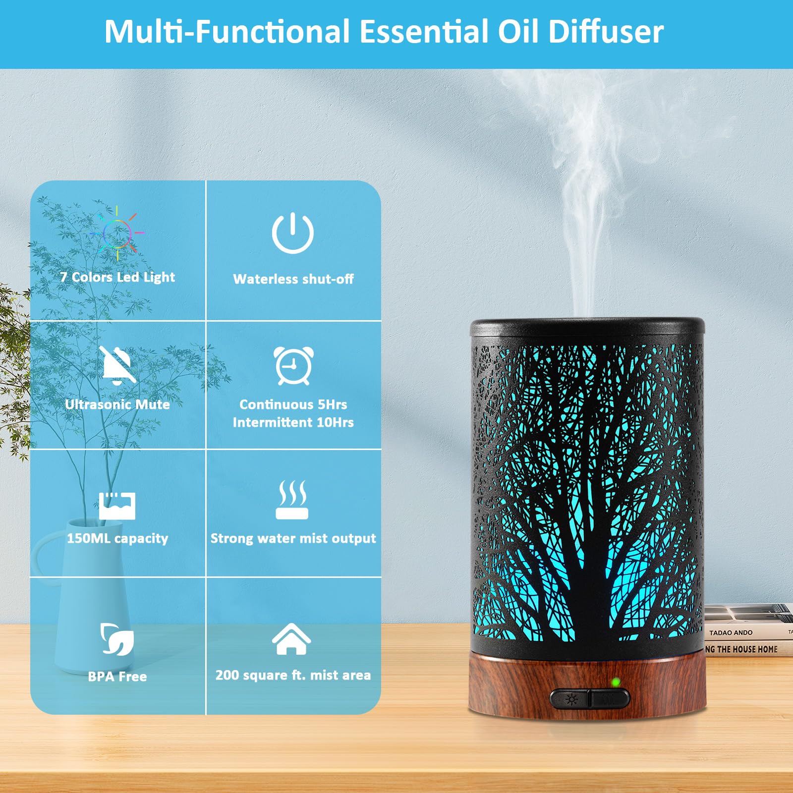 Essential Oil Diffuser - 150ML Metal Aromatherapy Diffuser for Essential Oils with 7 Colors Lights Gifts for Mom Waterless Auto