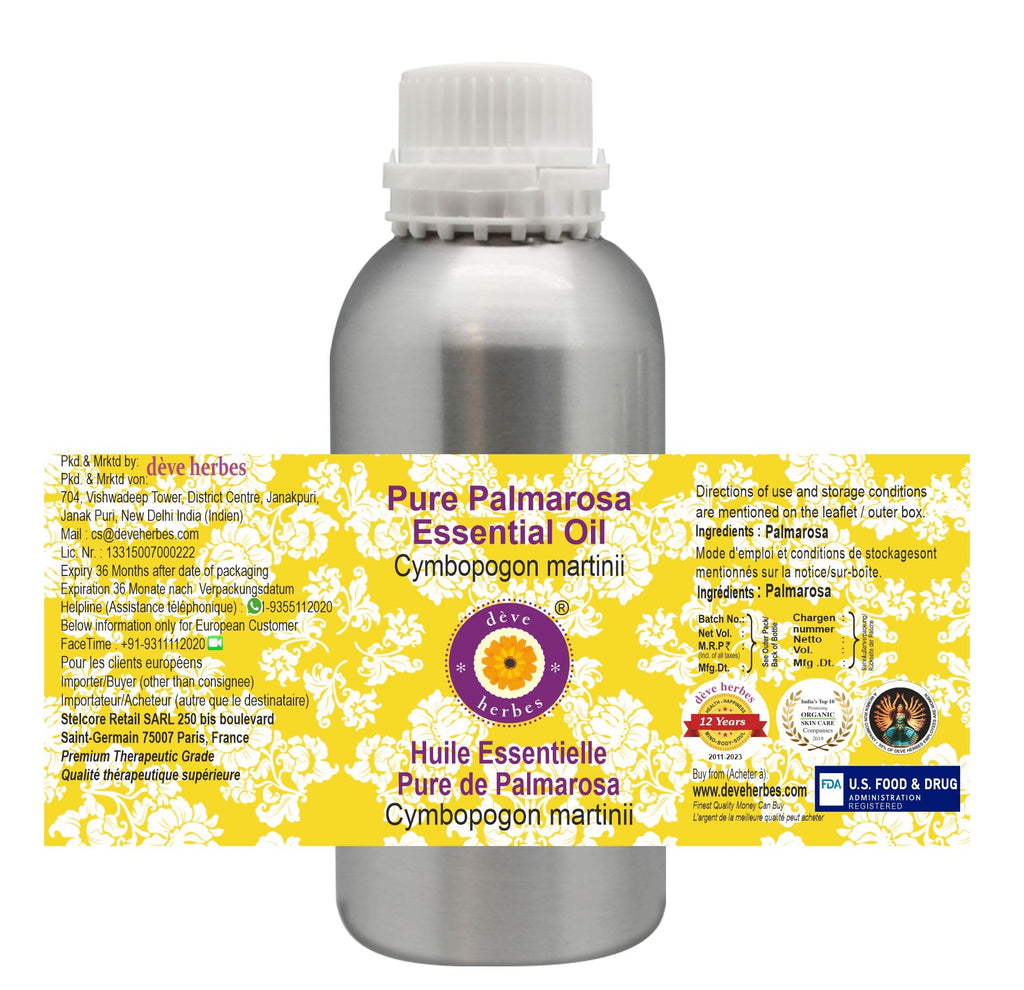 Deve Herbes Pure Palmarosa Essential Oil (Cymbopogon martinii) Steam Distilled 630ml (21 oz)