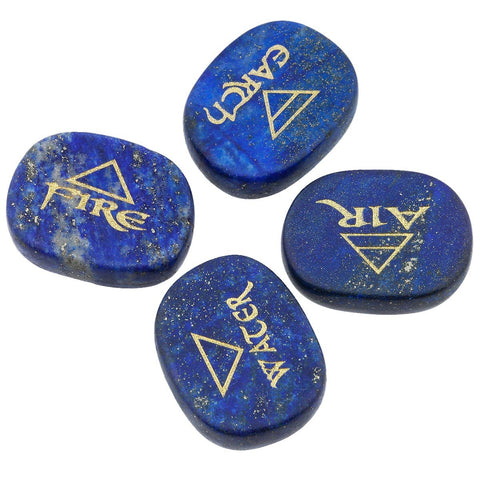 Rockcloud Healing Crystal 4pcs Engraved Triangle Symbol Stones Palm Stones Reiki Balancing, Lapis Lazuli