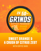 Grinds Coffee Pouches | Tobacco Free, Nicotine Free Healthy Alternative | 6 Cans of Orange Citrus | 18 Pouches Per Can | 1 Pouch