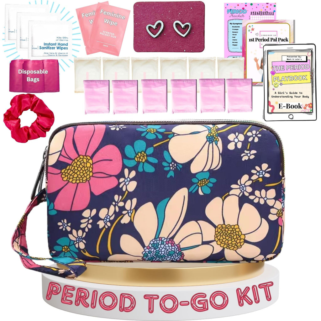 First Period Pal Pack to-Go Kit | 24 pcs | First Period Kit for Tweens | Teen Period Kit| Discrete Period Bag, Pads, Panty Liner
