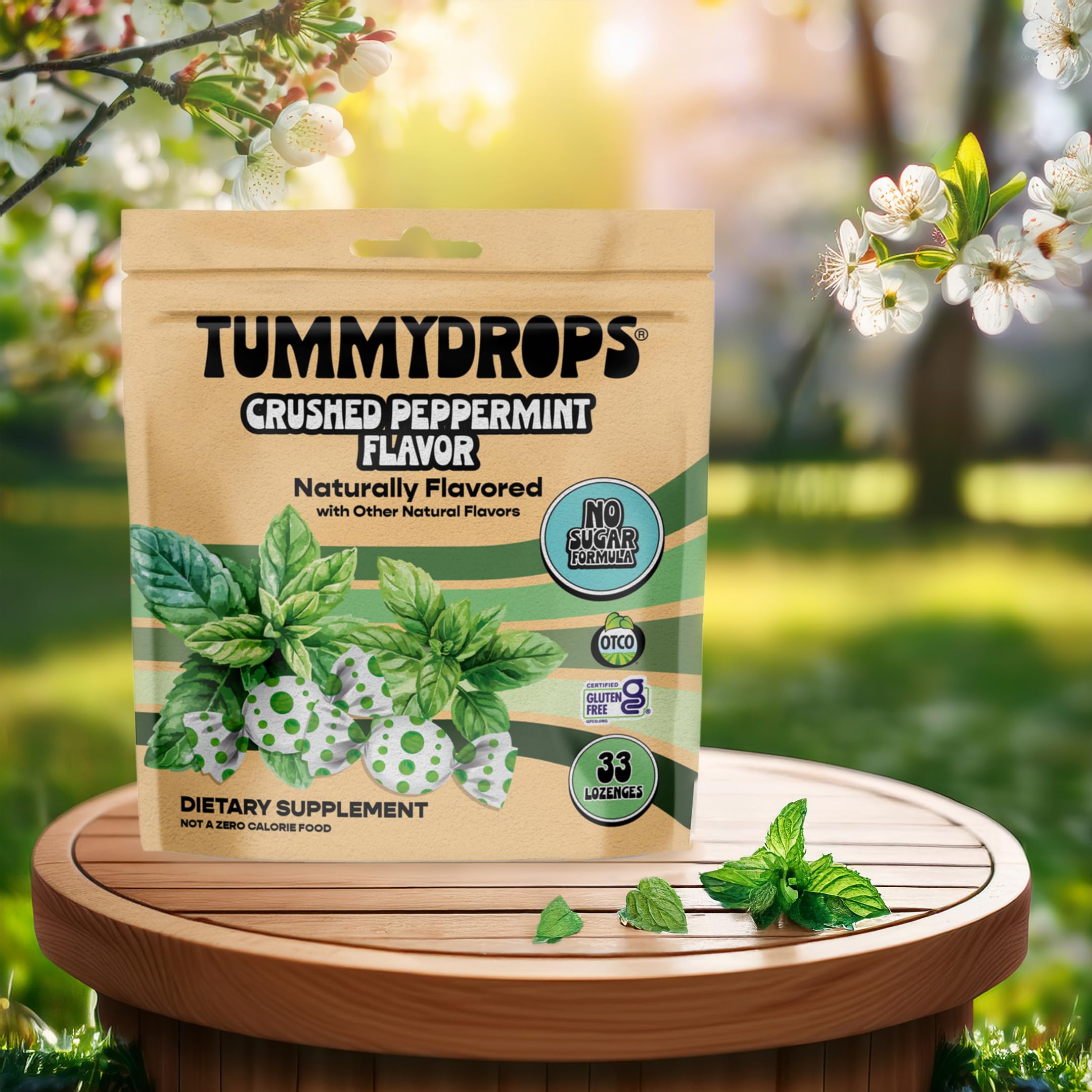 Tummydrops, No Sugar Crushed Peppermint Flavor, Gluten Free & Vegan, 33 Individually Wrapped Pure Peppermint Oil Lozenges Made w