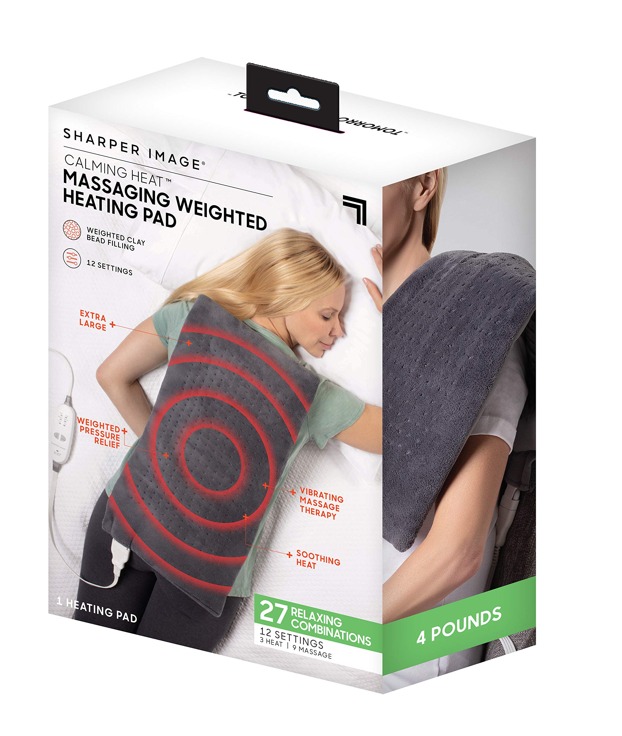 Calming Heat Massaging Weighted Heating Pad by Sharper Image- Electric Heating Pad with Massaging Vibrations, Auto-Off,12 Settin