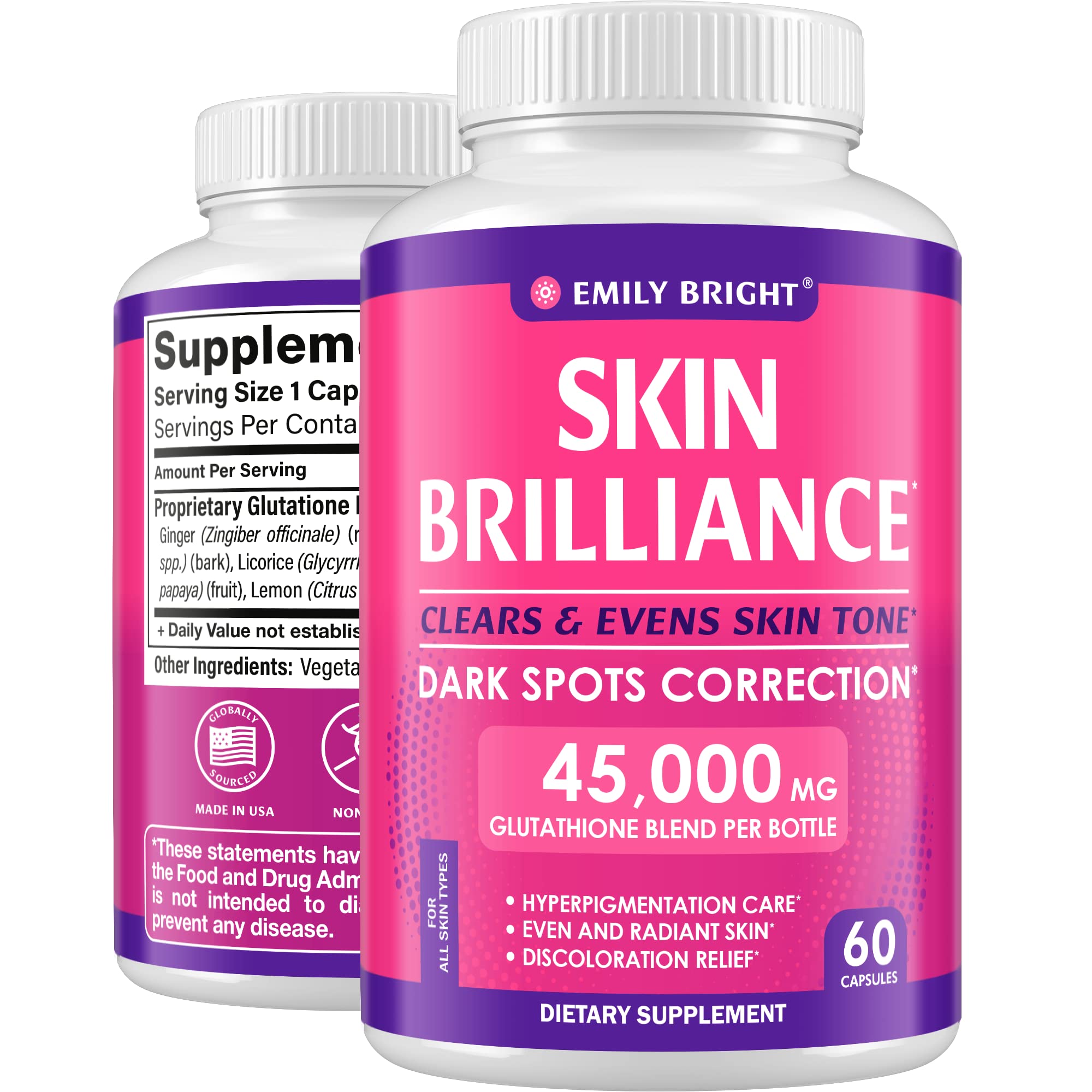 Glutathione Capsules - 45,000mcg Glutathione Supplement - Skin Tone Enhancer - Targets Dark Spots & Acne Marks - Potent Antioxid