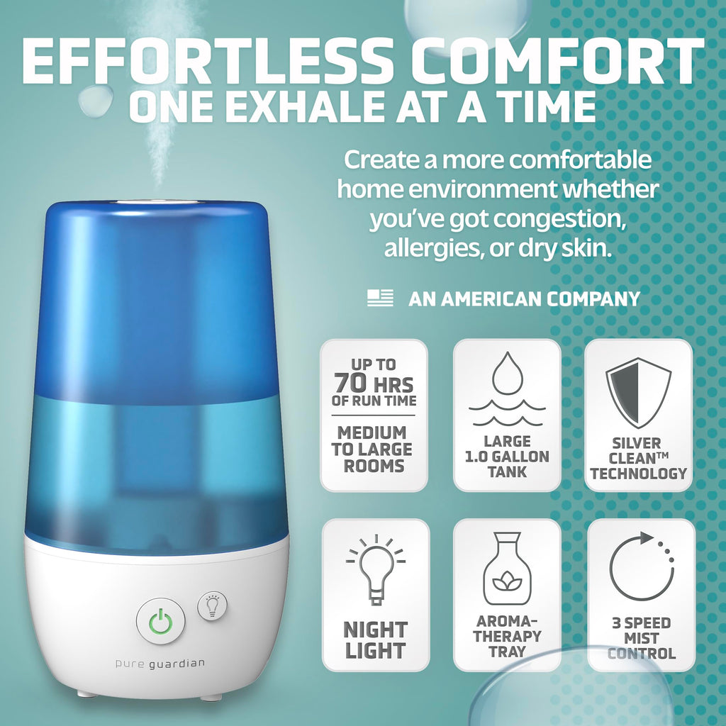 PureGuardian H965AR Ultrasonic Cool Mist Humidifier, 70 Hrs. Run Time, 1 Gal. Tank Capacity, 320 Sq. Ft. Coverage, Small Rooms,