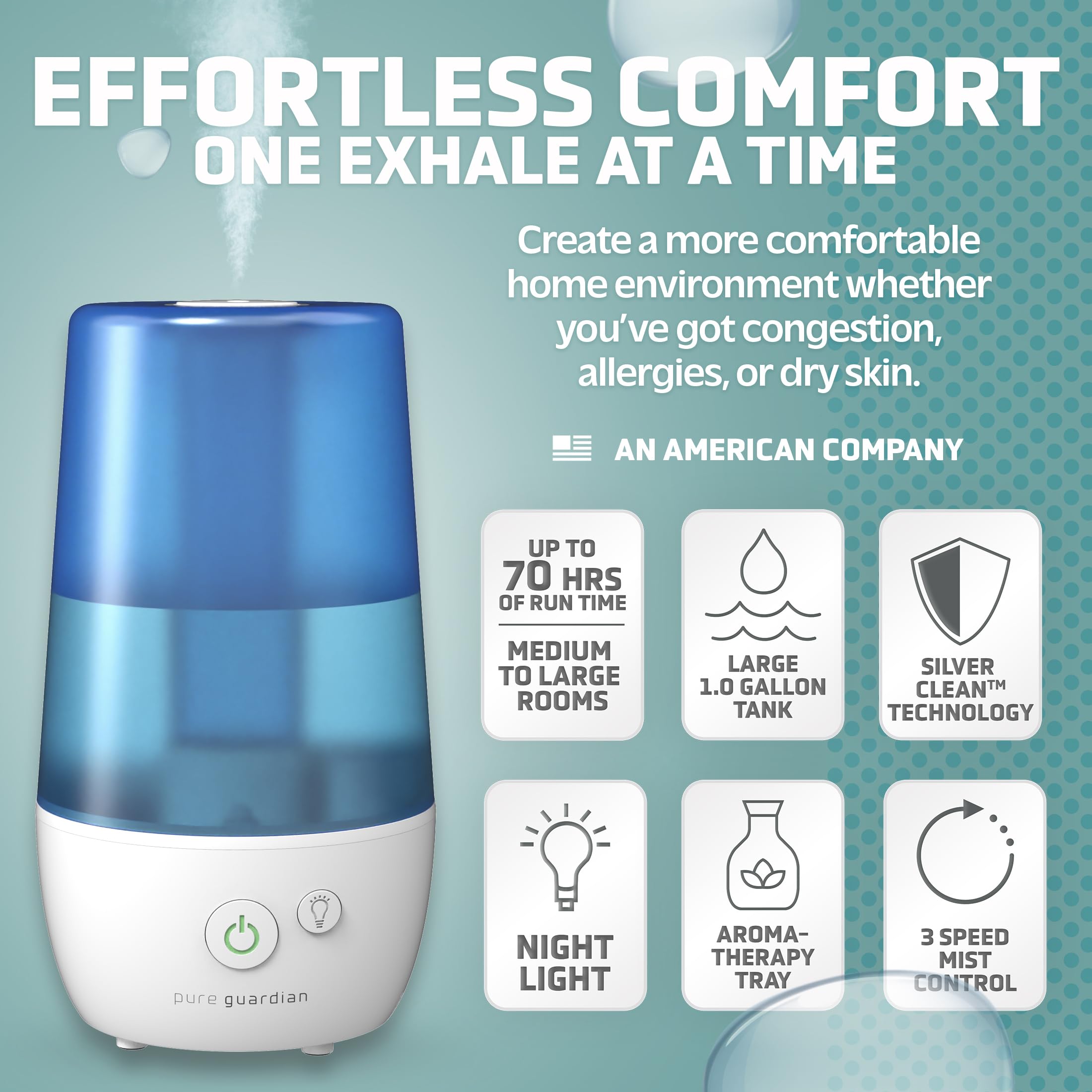 PureGuardian H965AR Ultrasonic Cool Mist Humidifier, 70 Hrs. Run Time, 1 Gal. Tank Capacity, 320 Sq. Ft. Coverage, Small Rooms,