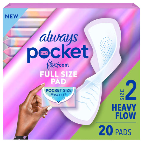 Always Pocket Feminine Pads for Women with FlexFoam, Size 2, Heavy Flow, with Wings, Unscented, 20 Count