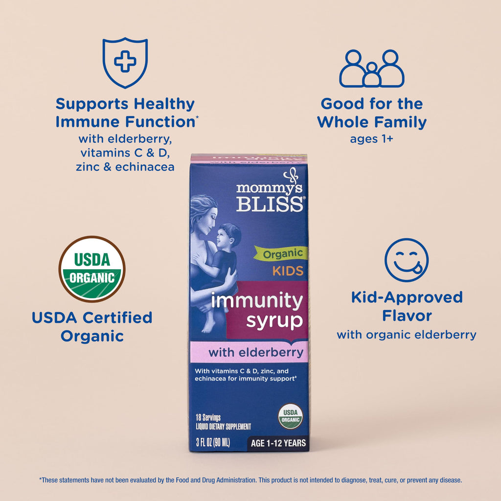 Mommys Bliss Organic Elderberry Syrup & Immunity Boost With Vitamins, Prebiotics & Echinacea for Kids & Adults 1 yr+, 3 Fl Oz