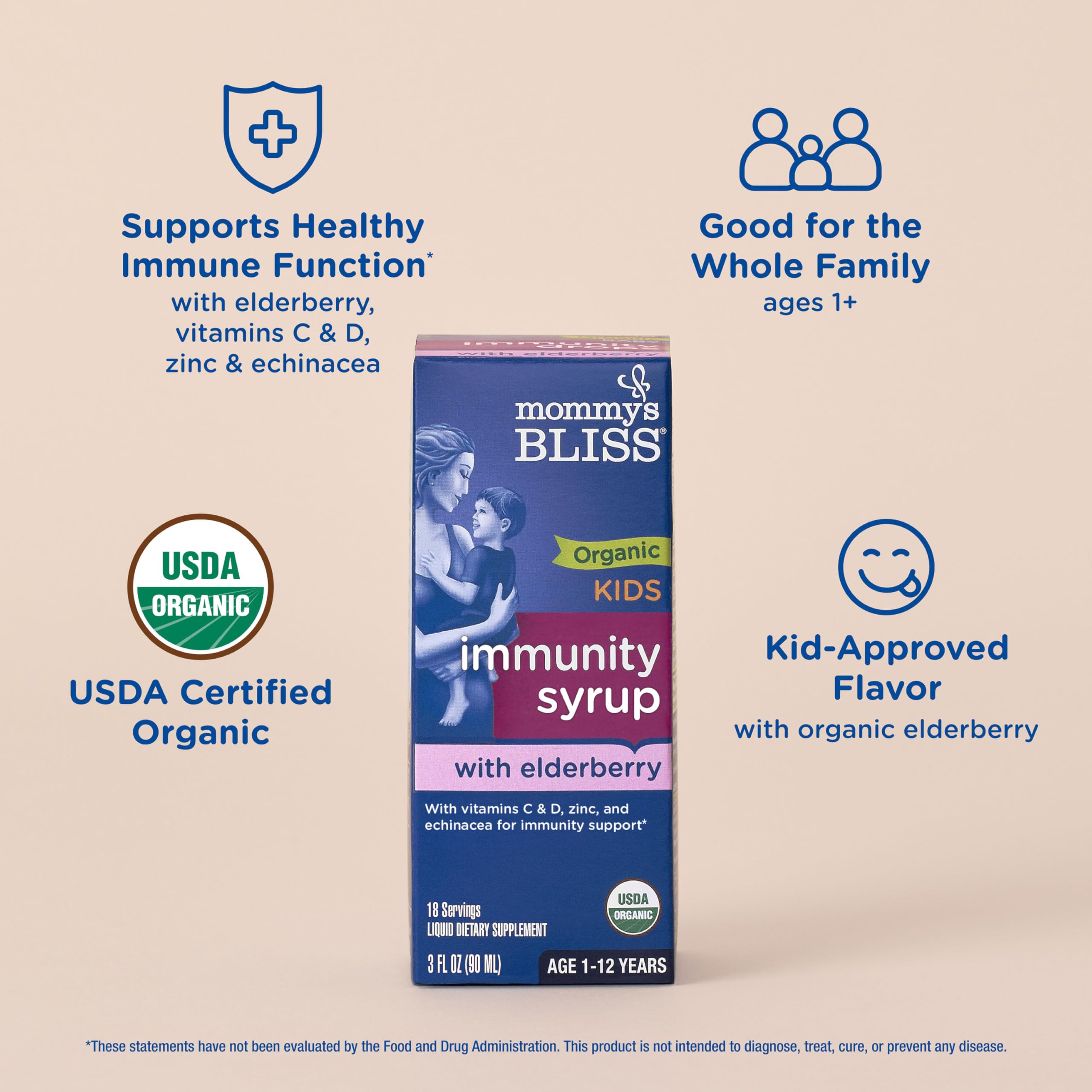 Mommys Bliss Organic Elderberry Syrup & Immunity Boost With Vitamins, Prebiotics & Echinacea for Kids & Adults 1 yr+, 3 Fl Oz