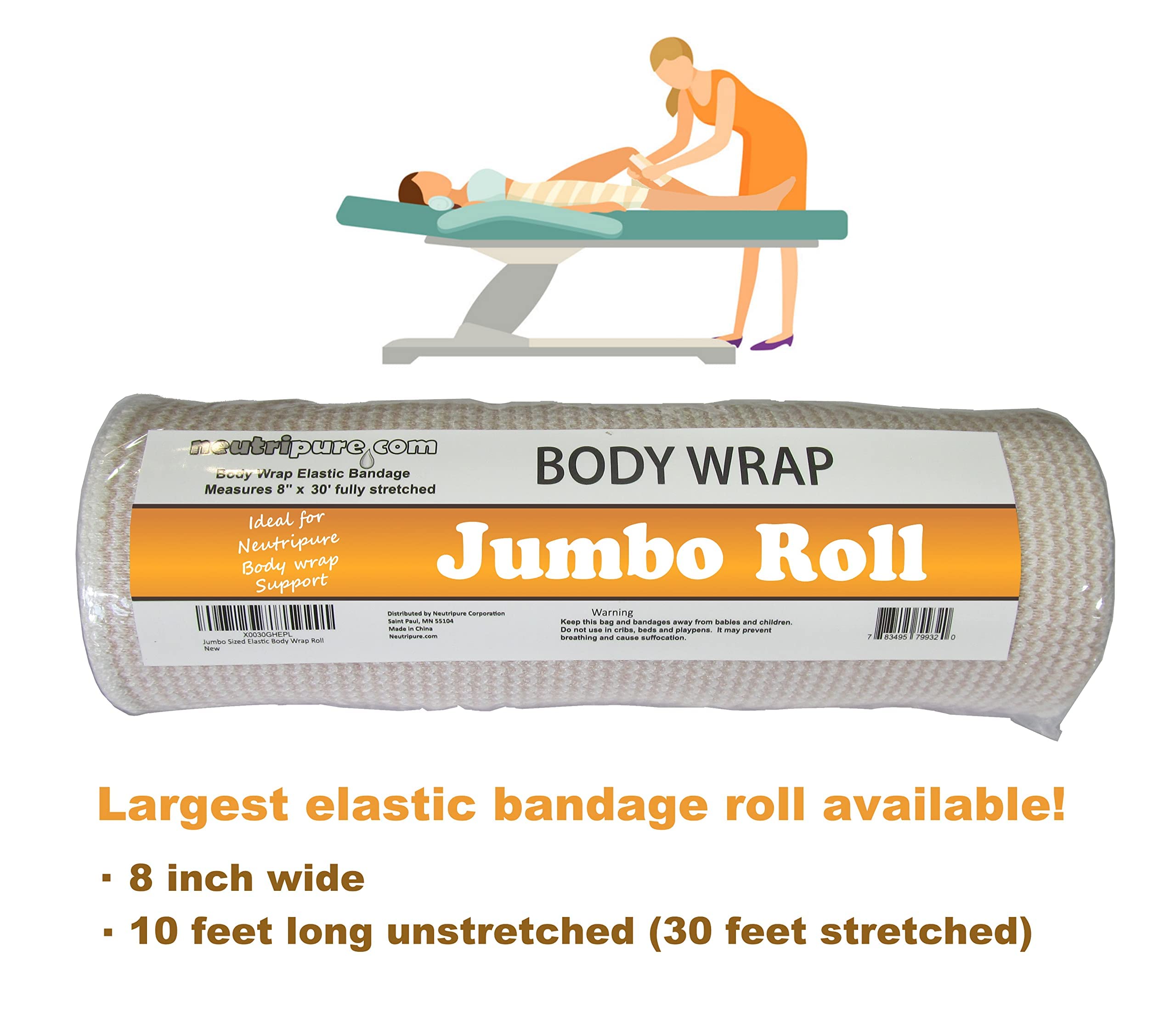 Neutripure Elastic Stretch Body Wrap - Bandage with Velco - 8 Inch Wide Jumbo Roll for Stomach