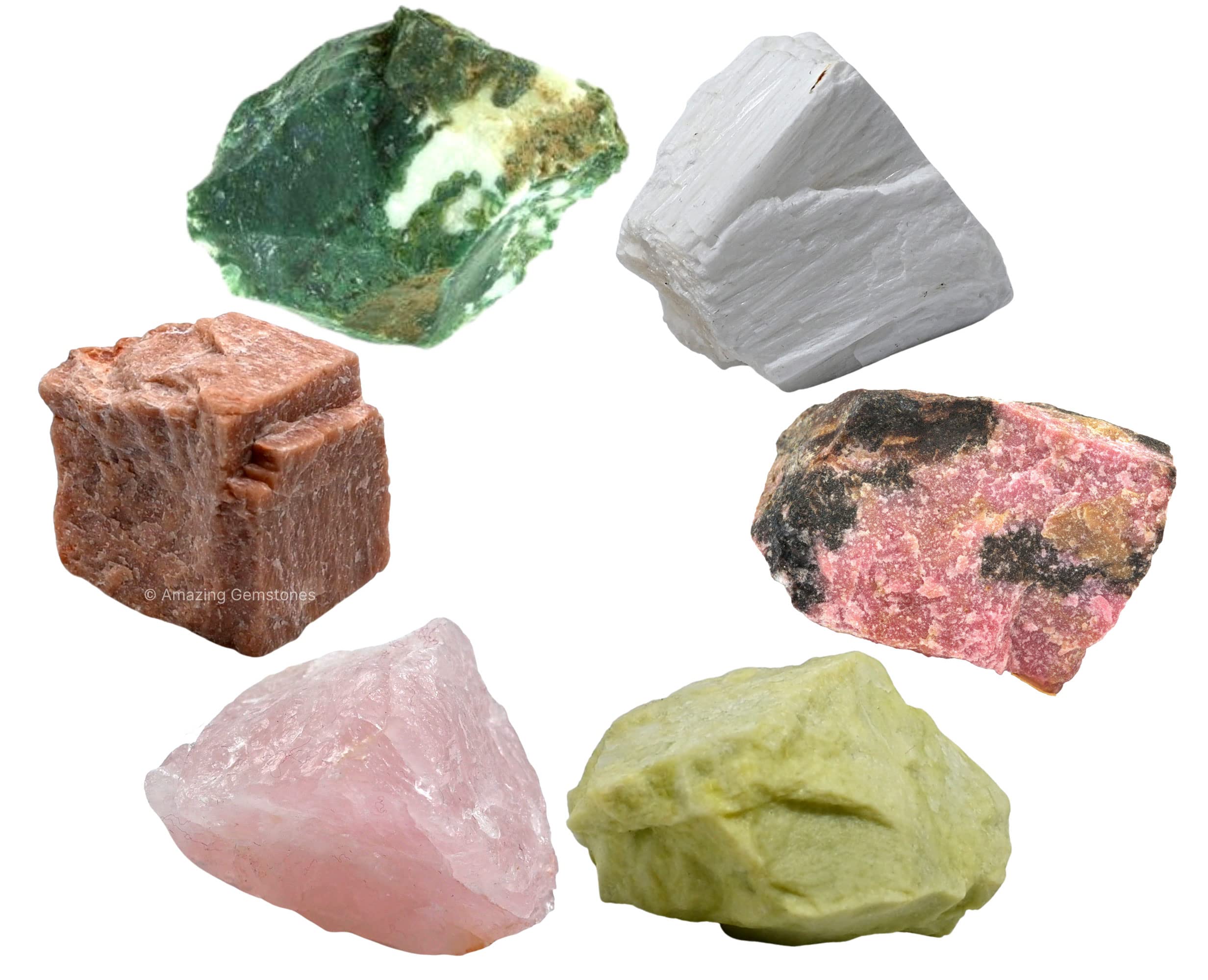 Crystals for Love Manifestation, Set of 6 Rose Quartz, Rhodonite, Peach Moonstone, Serpentine, Scolecite and Moss Agate Healing 