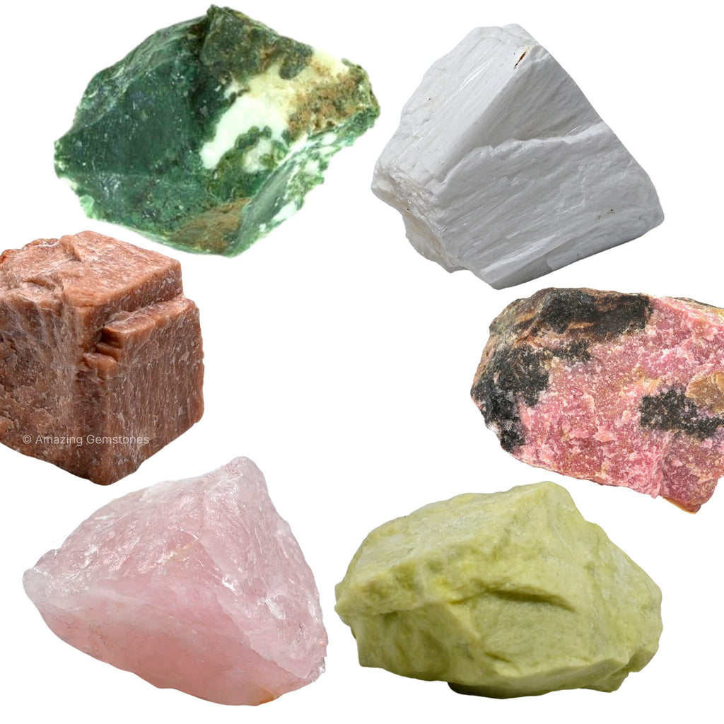 Crystals for Love Manifestation, Set of 6 Rose Quartz, Rhodonite, Peach Moonstone, Serpentine, Scolecite and Moss Agate Healing 