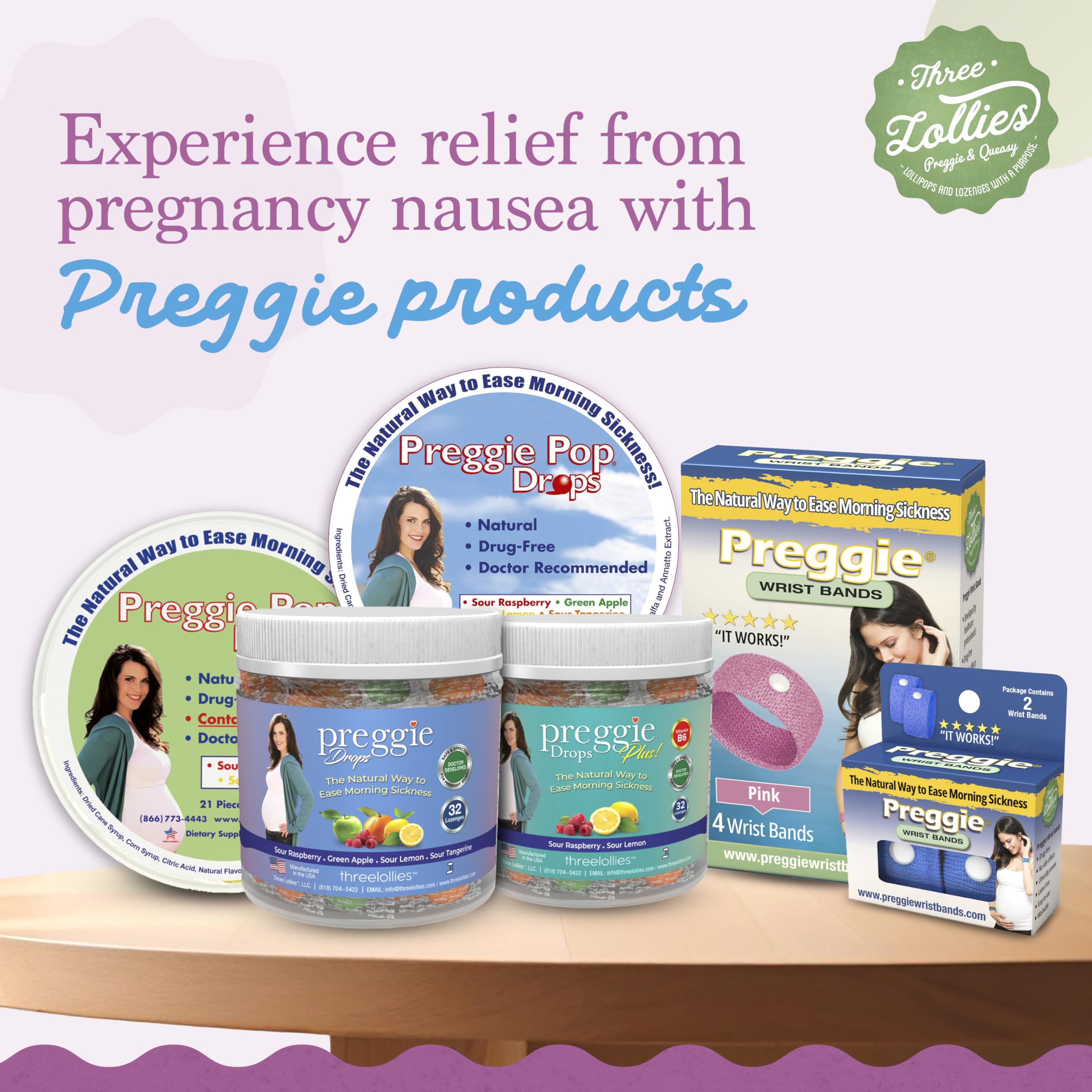 Three Lollies Preggie Gift Box - Natural, Pregnancy Nausea Relief Essentials with Anti-Sickness Lozenges, Hydration Packets, Gin