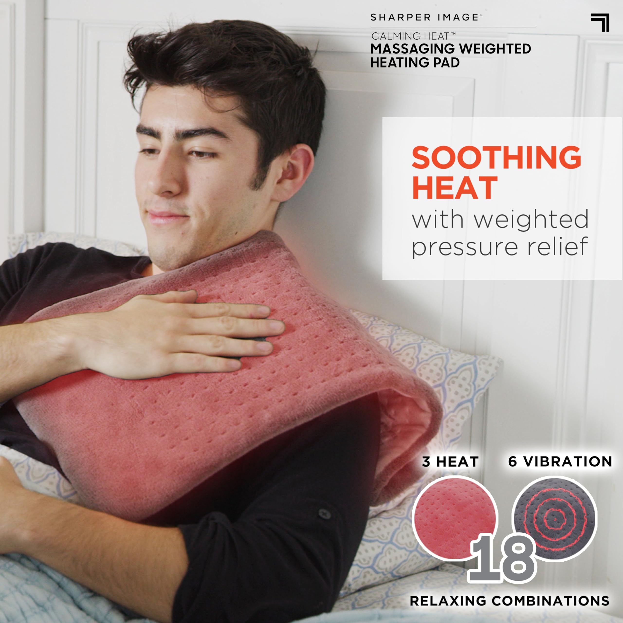 Calming Heat Massaging Weighted Heating Pad by Sharper Image- Weighted Electric Heating Pad with Massaging Vibrations, 6 Setting