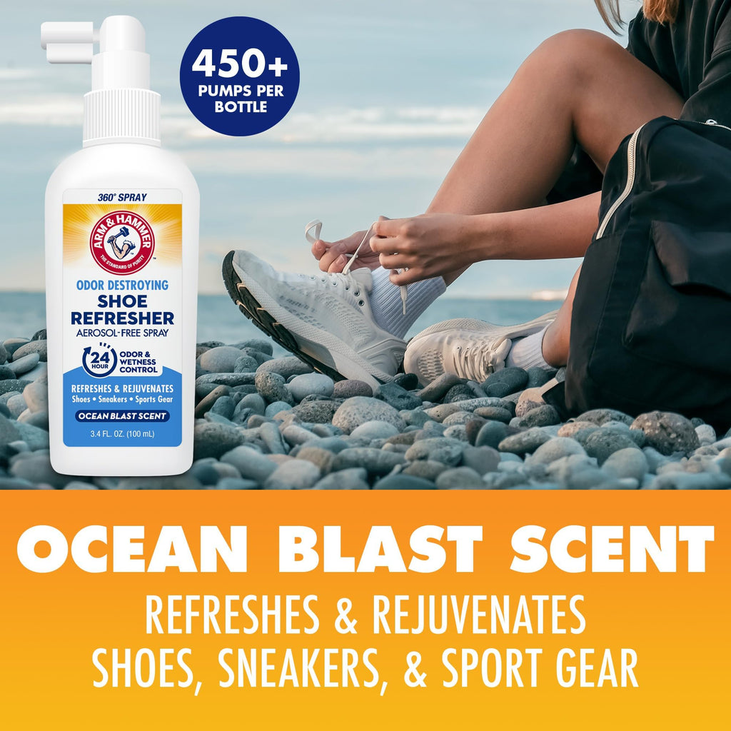 Arm & Hammer Shoe Refresher Spray, Odor Eliminator for Sneakers, 24 Odor & Wetness Control, Aerosol-Free Shoe Deodorizer Spray,