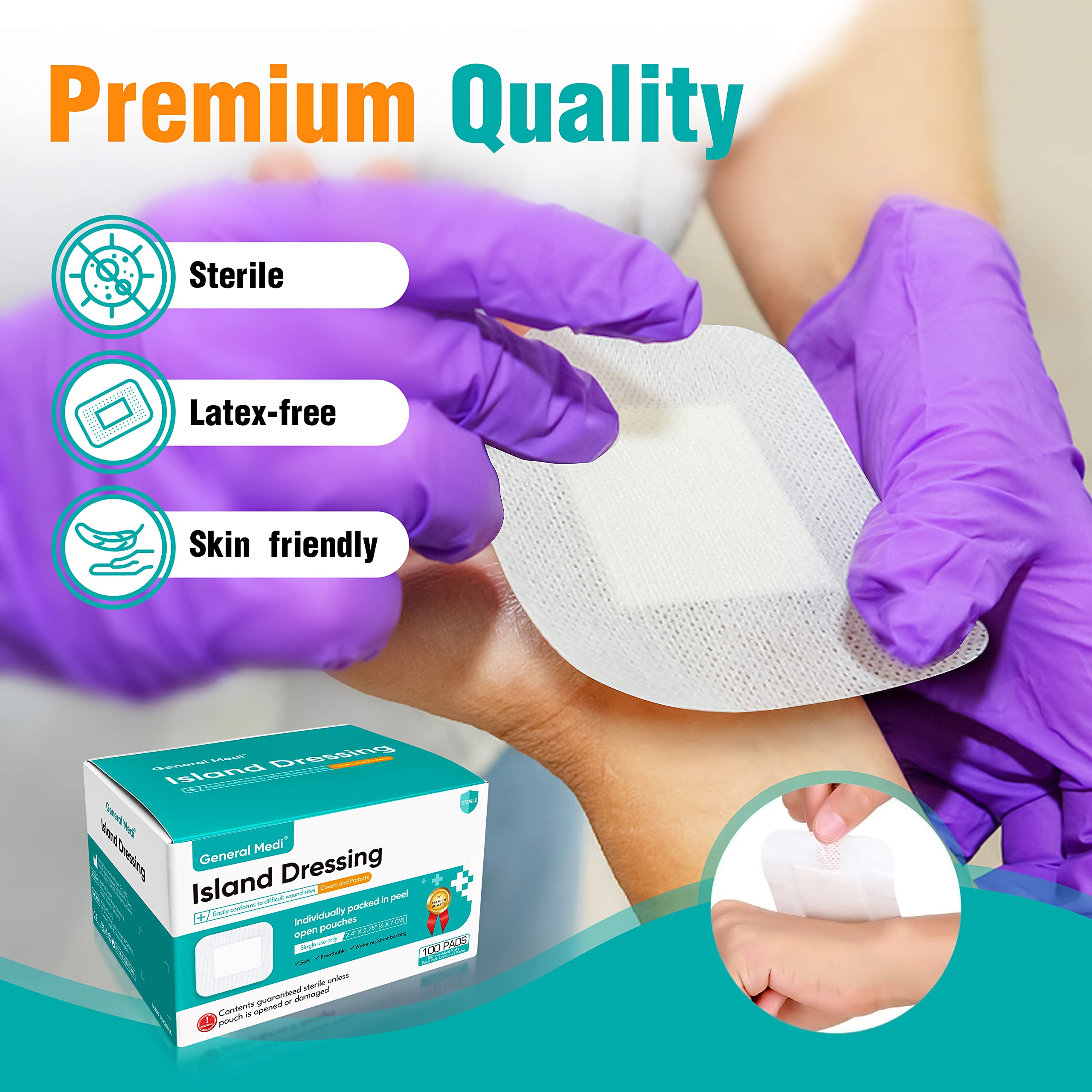 General Medi Sterile Island Dressing Bordered Gauze - 100 Count, 2.4 x 2.75 Gauze Pads, Wound Care Pad with Adhesive Border - St