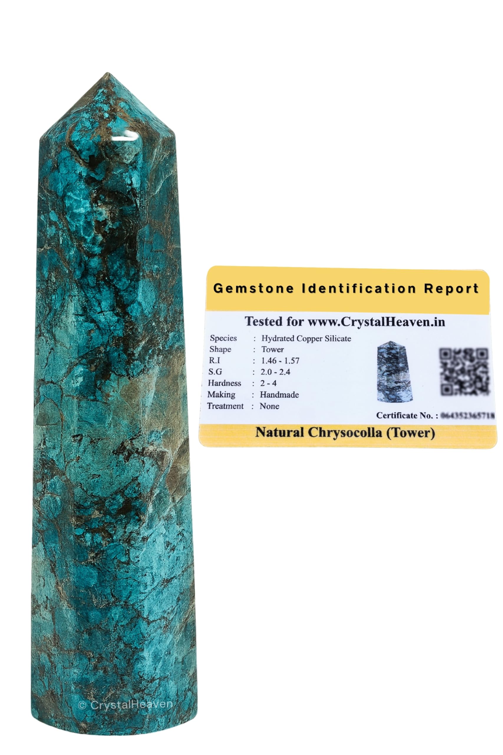 Crystal Heaven Certified Chrysocolla Tower Obelisk Point For Chakra, Healing And Balancing  Aaa Grade Original Certified Gemsto