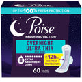 Poise Overnight Ultra Thin Incontinence & Postpartum Pads with Wings for Bladder Leaks, 8 Drop Extra Absorbent, Long Length, 60 