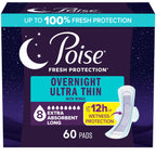 Poise Overnight Ultra Thin Incontinence & Postpartum Pads with Wings for Bladder Leaks, 8 Drop Extra Absorbent, Long Length, 60 