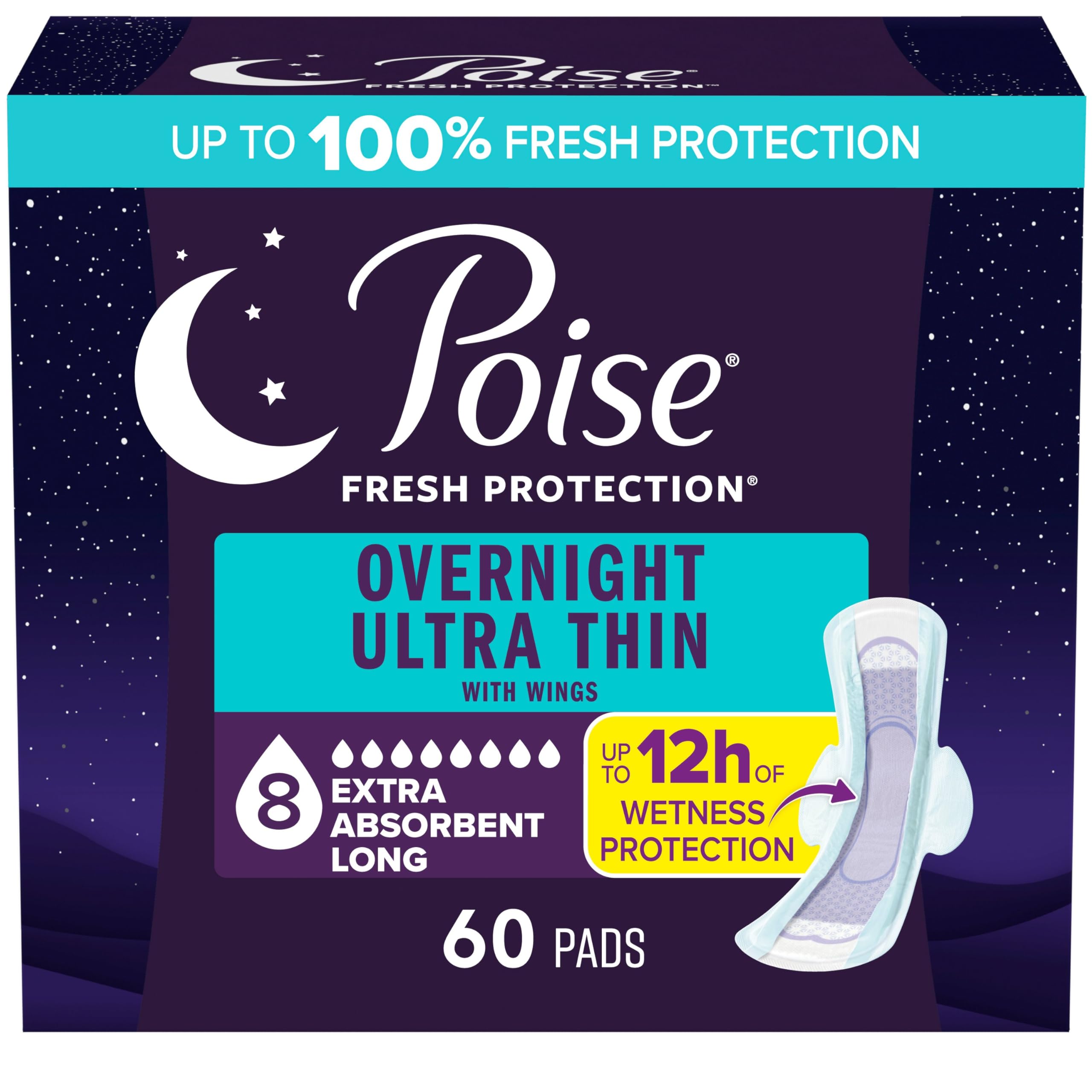 Poise Overnight Ultra Thin Incontinence & Postpartum Pads with Wings for Bladder Leaks, 8 Drop Extra Absorbent, Long Length, 60 