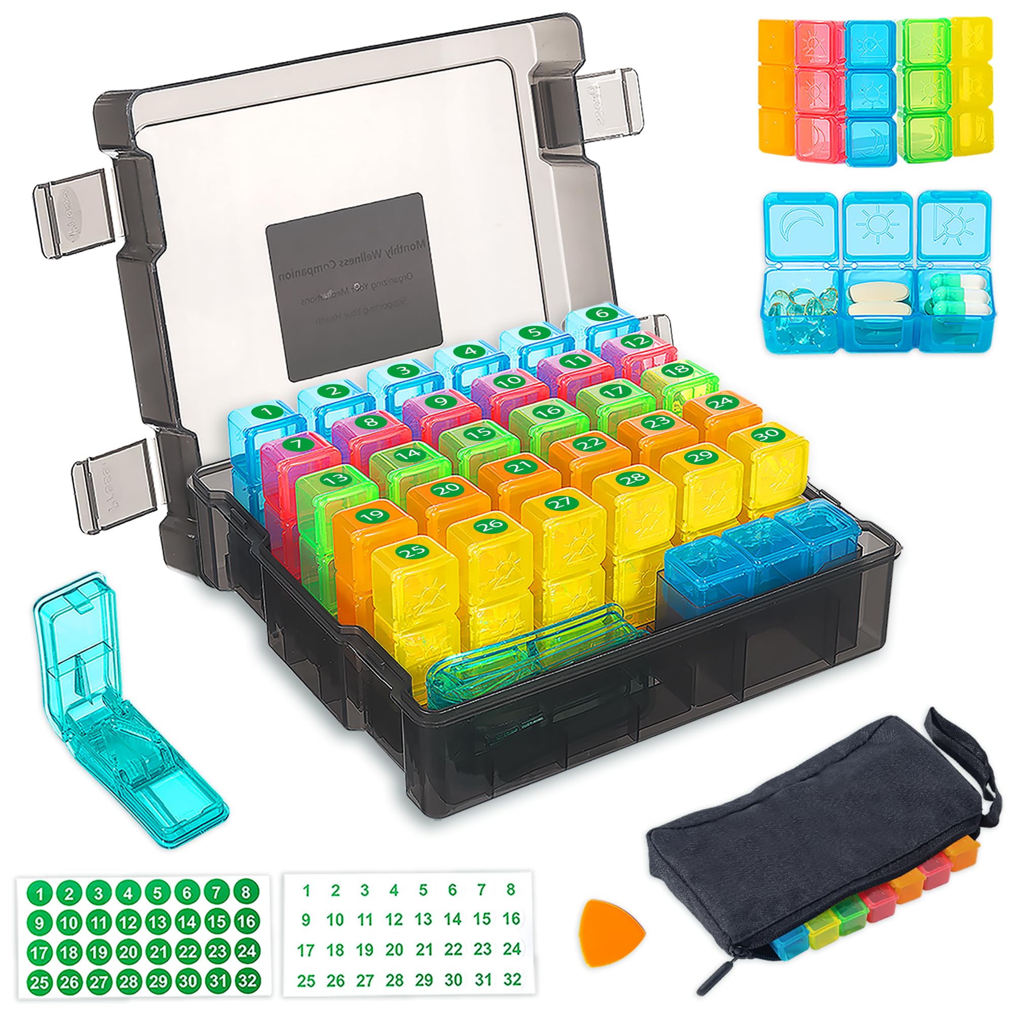 Monthly Pill Organizer 3 Times a Day, Portable Pill Box with Weekly Travel Bag, Large Capacity Medicine Organizer with Labels, 3